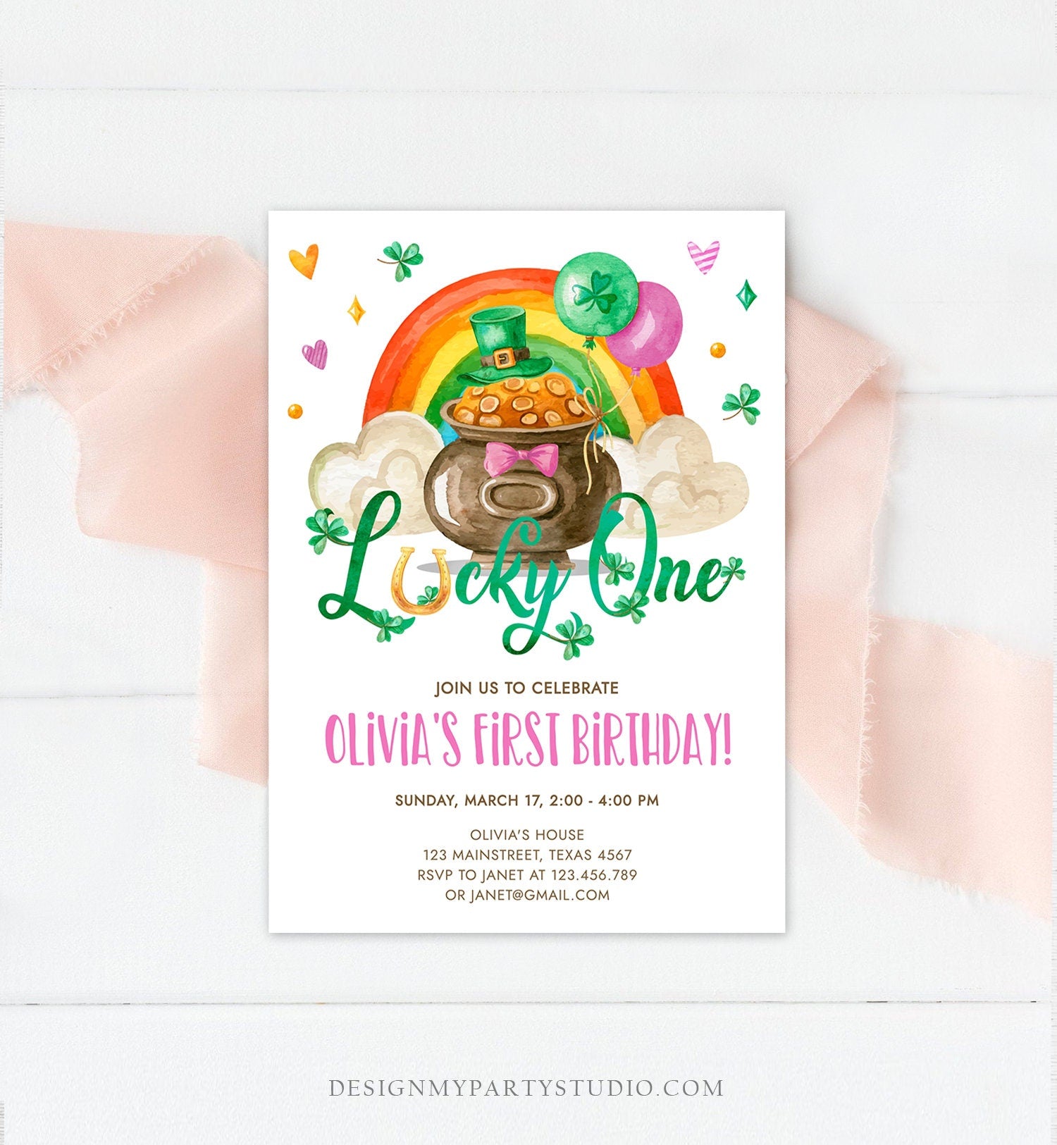 Editable Lucky One Birthday Invitation St. Patrick's Day First Birthday 1st Girl Pink Shamrock Clover Download Corjl Template Printable 0380