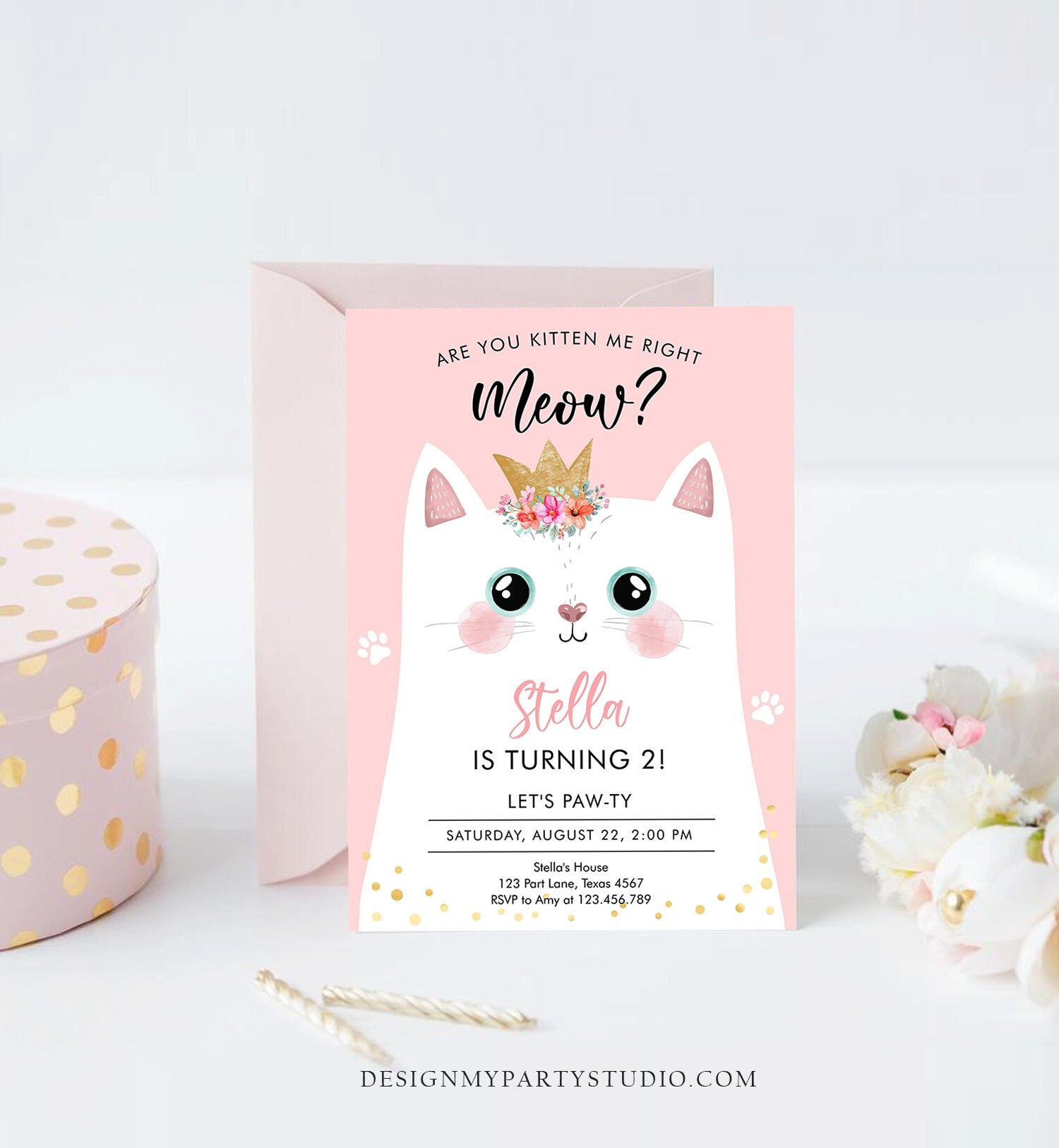 Editable Kitten Birthday Invitation Kitty Cat birthday Party Cat Invite Are You Kitten Me Pink Girl Download Printable Digital Corjl 0381