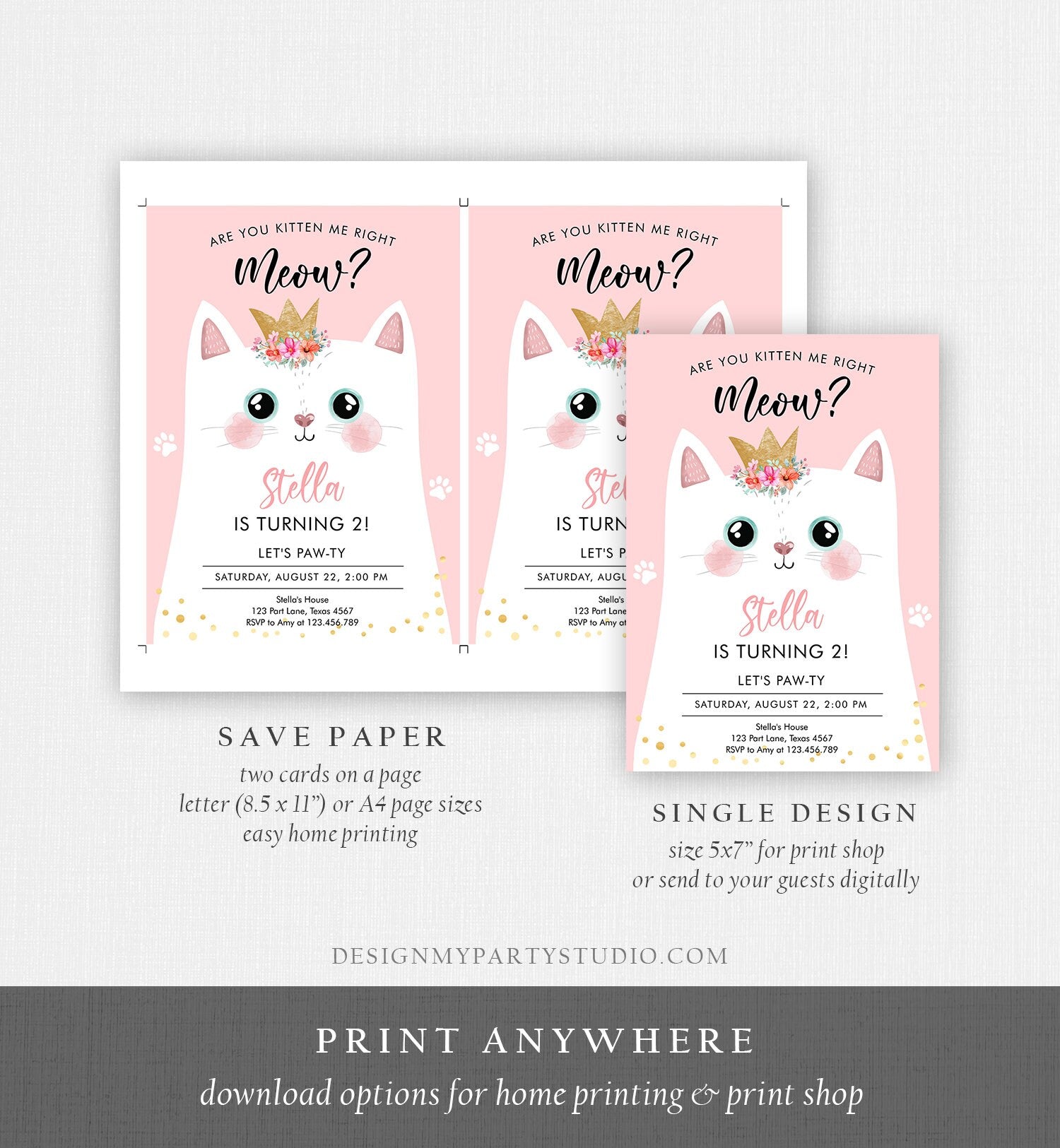 Editable Kitten Birthday Invitation Kitty Cat birthday Party Cat Invite Are You Kitten Me Pink Girl Download Printable Digital Corjl 0381