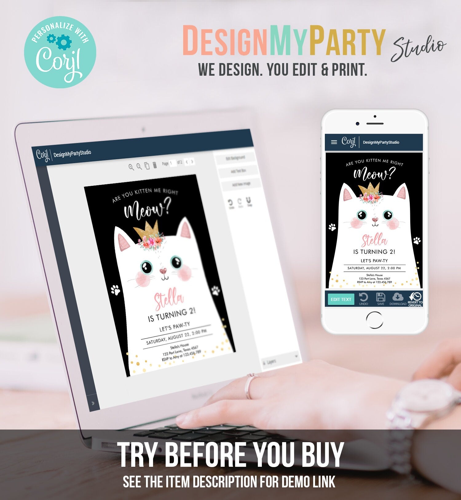 Editable Kitten Birthday Invitation Kitty Cat birthday Party Cat Invite Are You Kitten Me Black Girl Download Printable Digital Corjl 0381