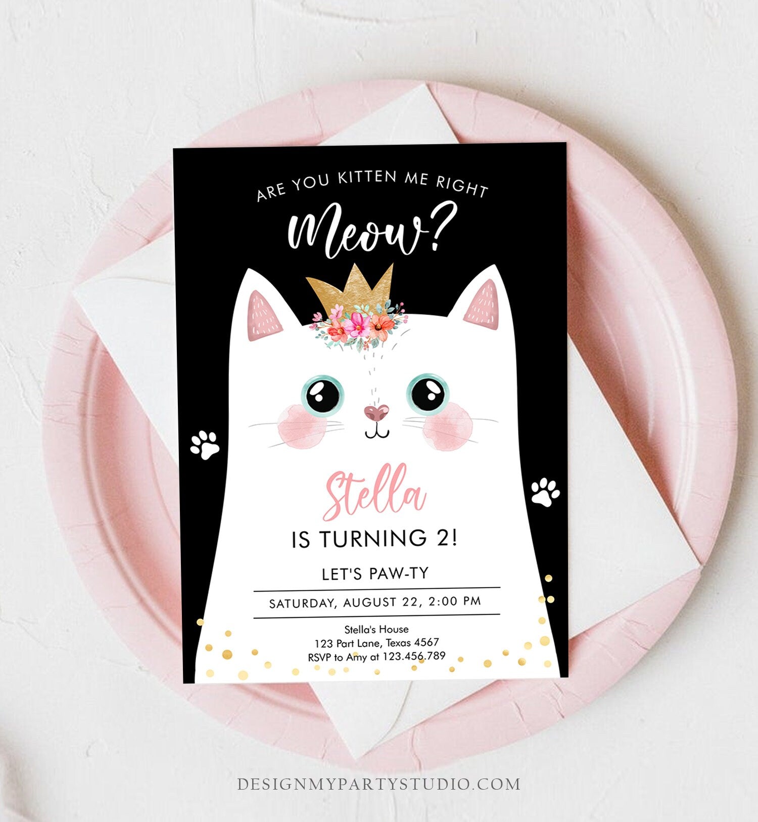 Editable Kitten Birthday Invitation Kitty Cat birthday Party Cat Invite Are You Kitten Me Black Girl Download Printable Digital Corjl 0381