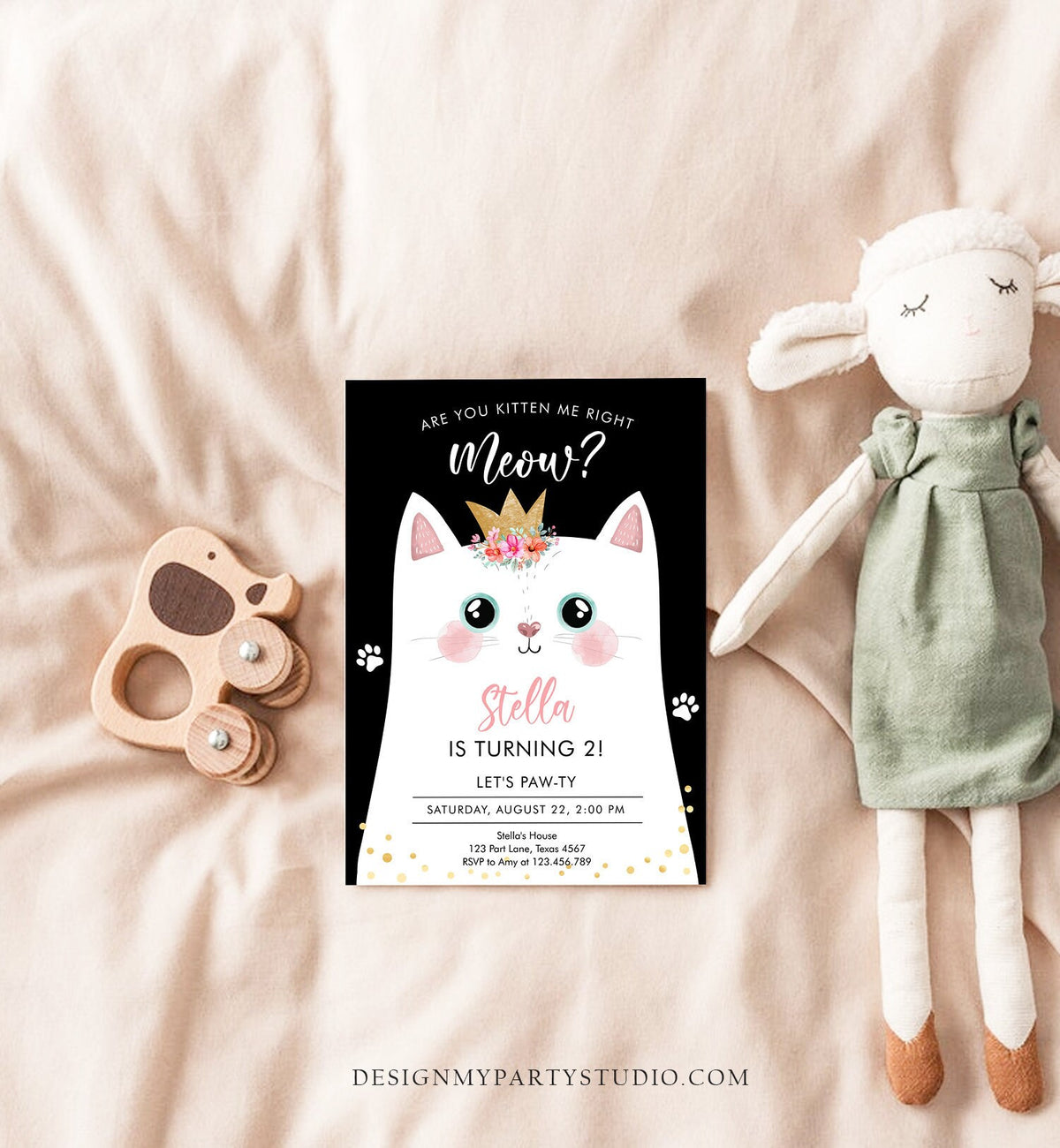 Editable Kitten Birthday Invitation Kitty Cat birthday Party Cat Invite Are You Kitten Me Black Girl Download Printable Digital Corjl 0381