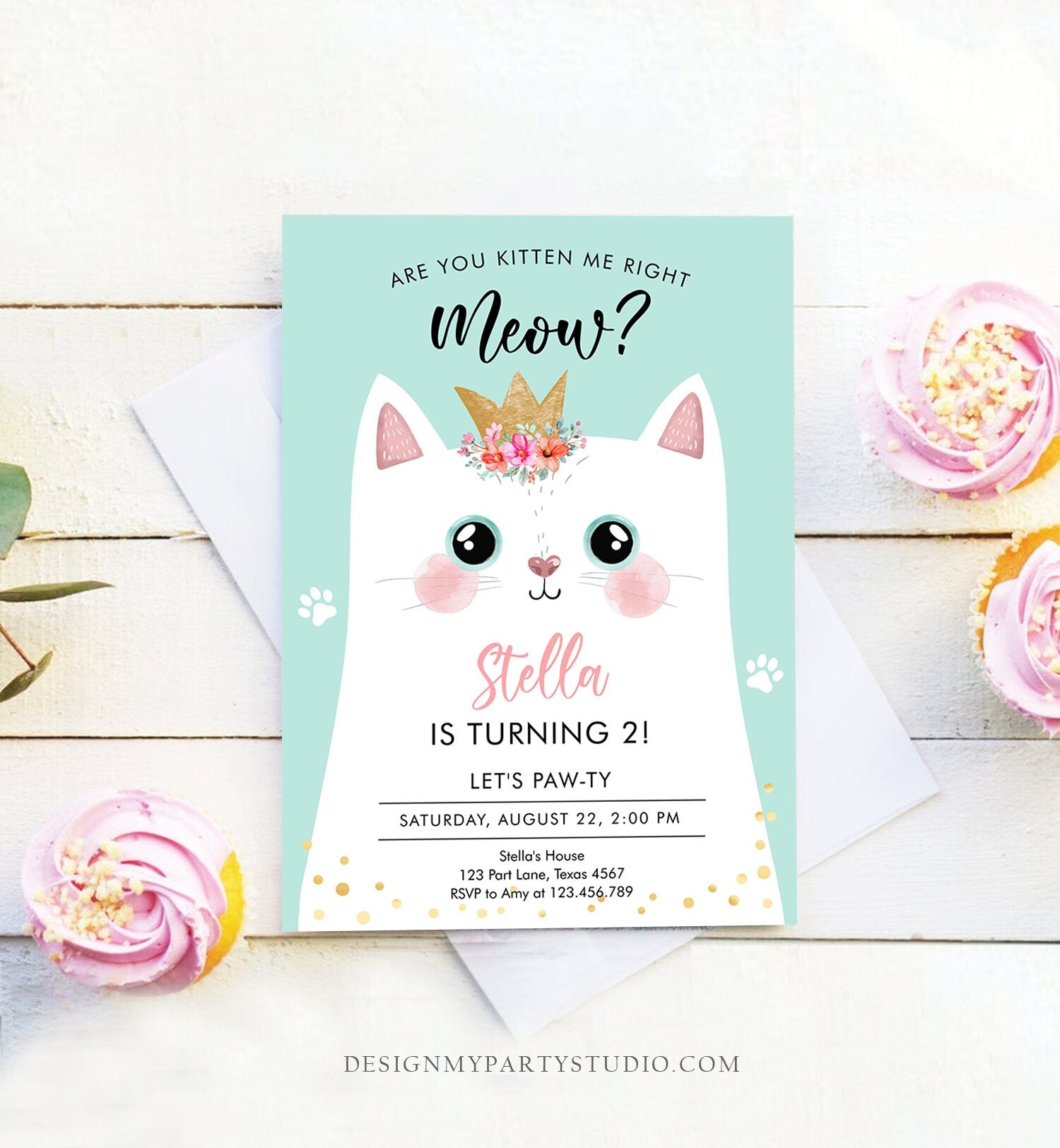 Editable Kitten Birthday Invitation Kitty Cat birthday Party Cat Invite Are You Kitten Me Teal Girl Download Digital Evite Printable 0381