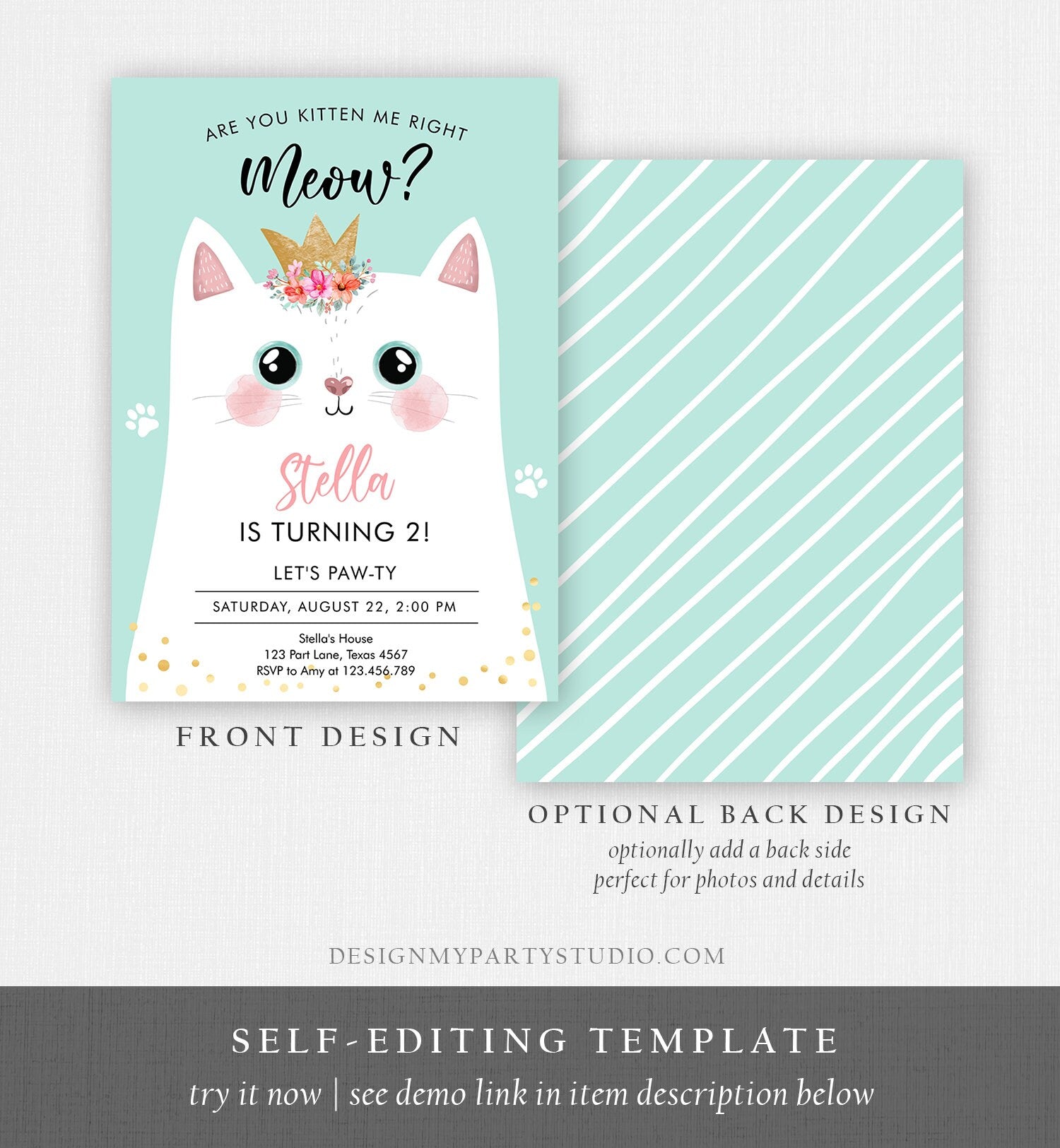 Editable Kitten Birthday Invitation Kitty Cat birthday Party Cat Invite Are You Kitten Me Teal Girl Download Digital Evite Printable 0381