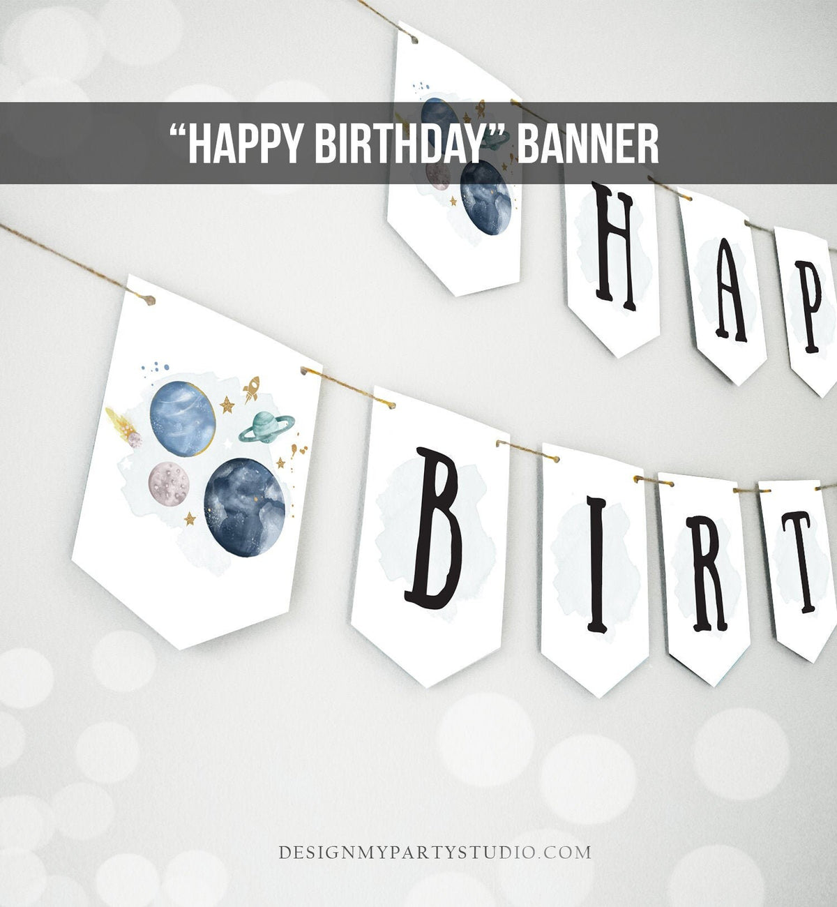 Happy Birthday Banner Outer Space Planets Banner Boy Galaxy First Birthday Decorations Rocket Instant download PRINTABLE DIGITAL DIY 0357