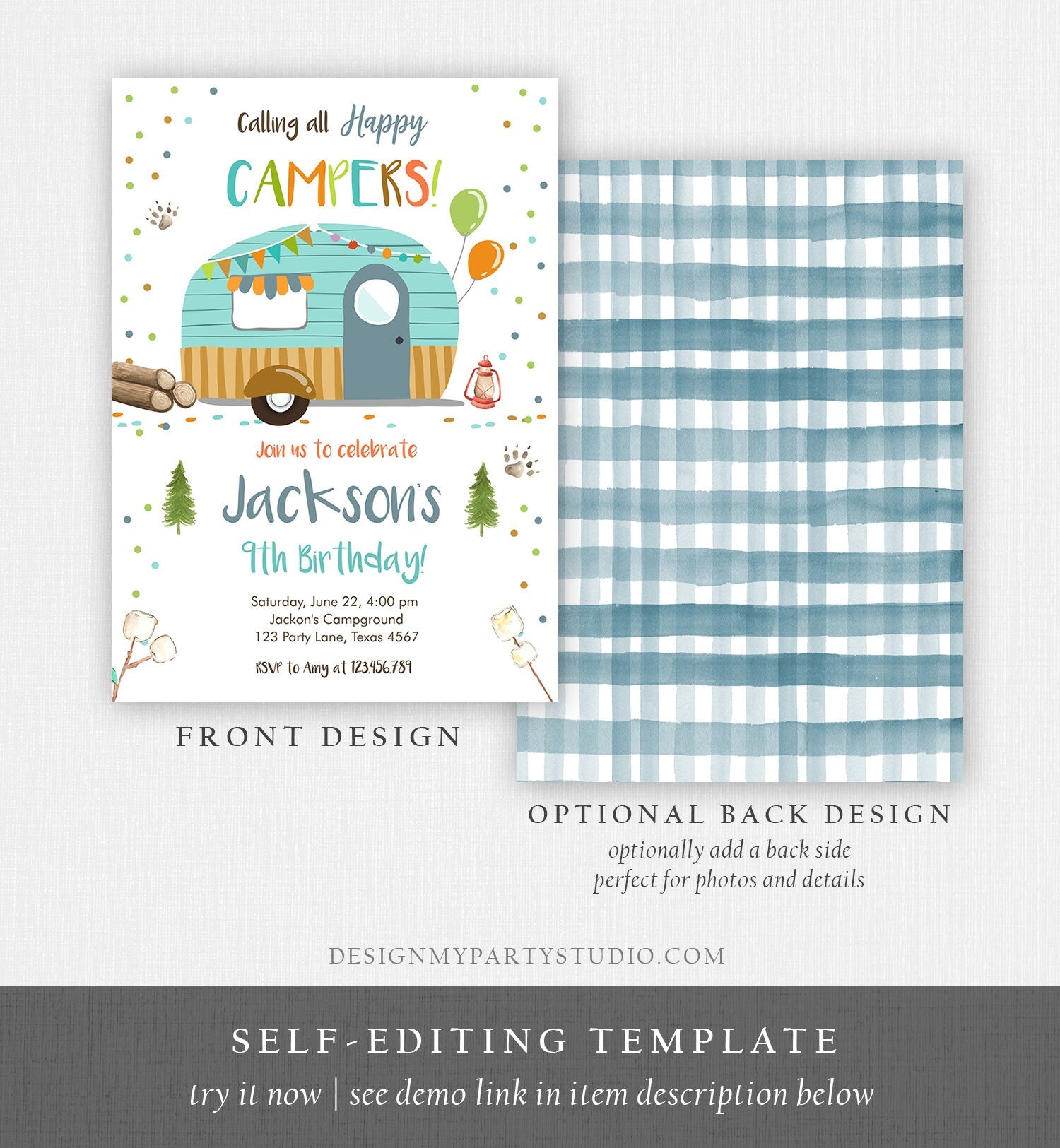 Editable Happy Camper Birthday Invitation Boy Birthday Camping Party S'more Forest Glamping Download Printable Template Digital Corjl 0342