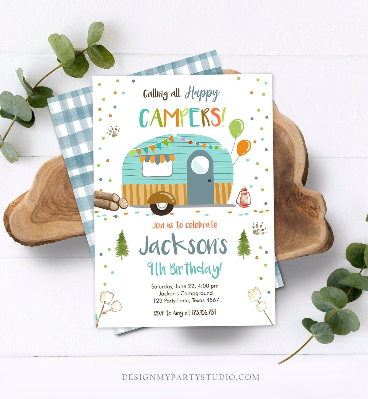 Editable Happy Camper Birthday Invitation Boy Birthday Camping Party S&#39;more Forest Glamping Download Printable Template Digital Corjl 0342