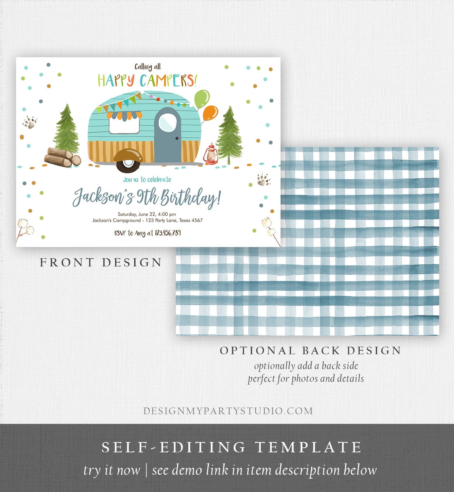 Editable Happy Camper Birthday Invitation Boy Birthday Camping Party S'more Forest Glamping Download Printable Template Digital Corjl 0342