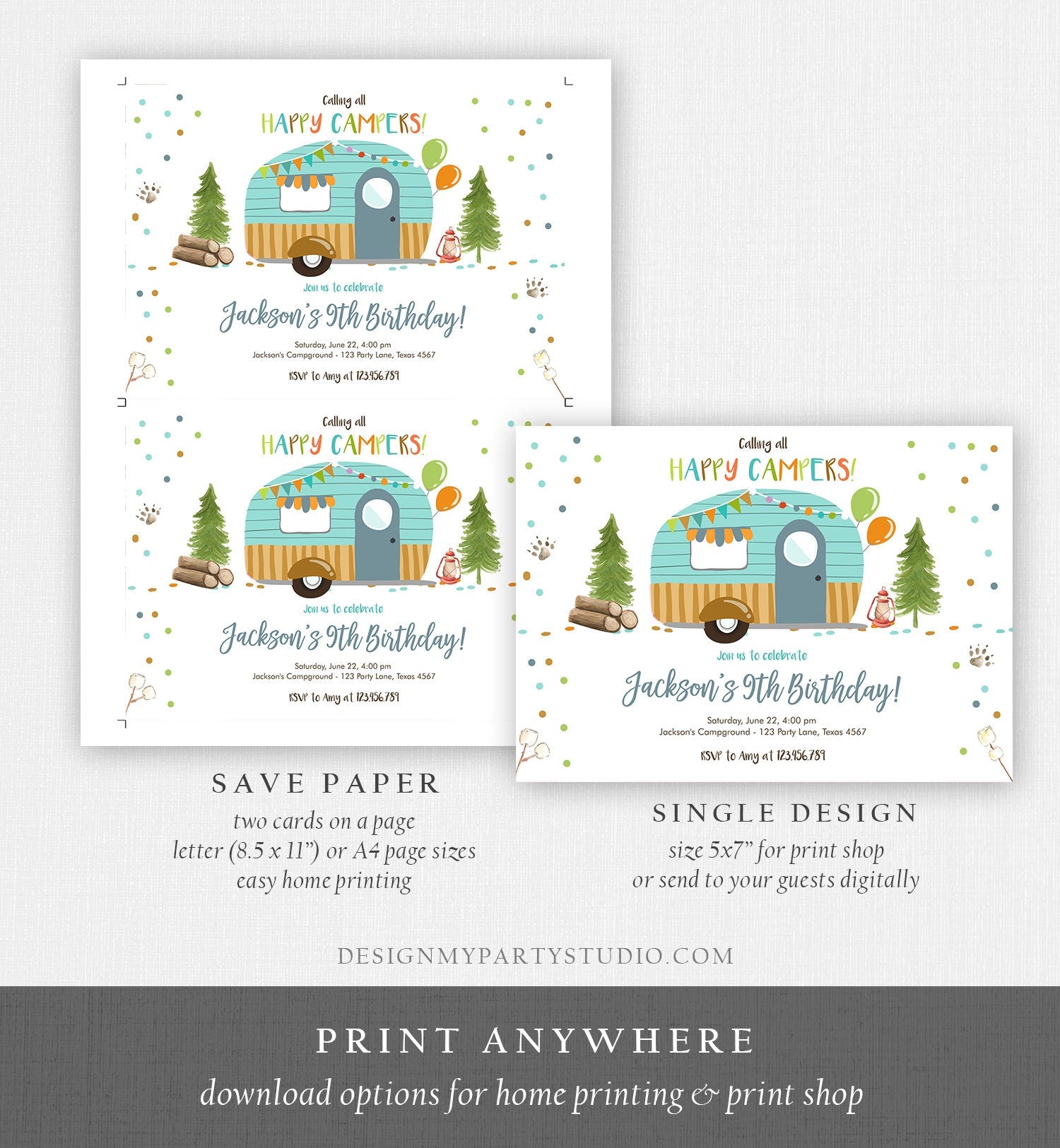 Editable Happy Camper Birthday Invitation Boy Birthday Camping Party S'more Forest Glamping Download Printable Template Digital Corjl 0342