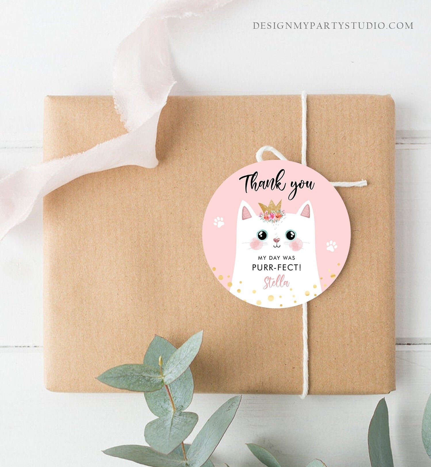 Editable Kitten Party Favor Tags Kitty Birthday Thank you Tags Round Cat Party Gift tags Girl Pink Purr-fect Template Corjl PRINTABLE 0381