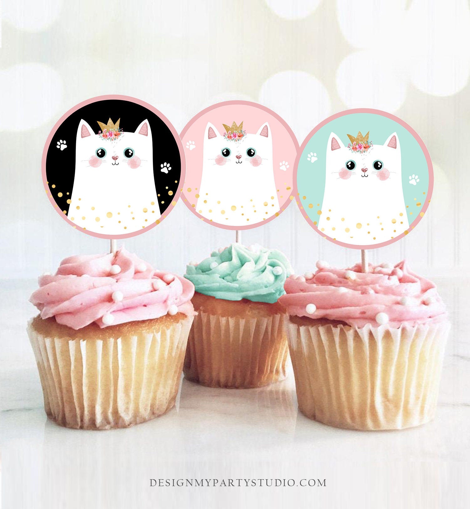 Kitten Birthday Cupcake Toppers Kitty Cat Birthday Favor Tags Girl Pink Favors Stickers Kitten Party Cute Digital Download Printable 0381