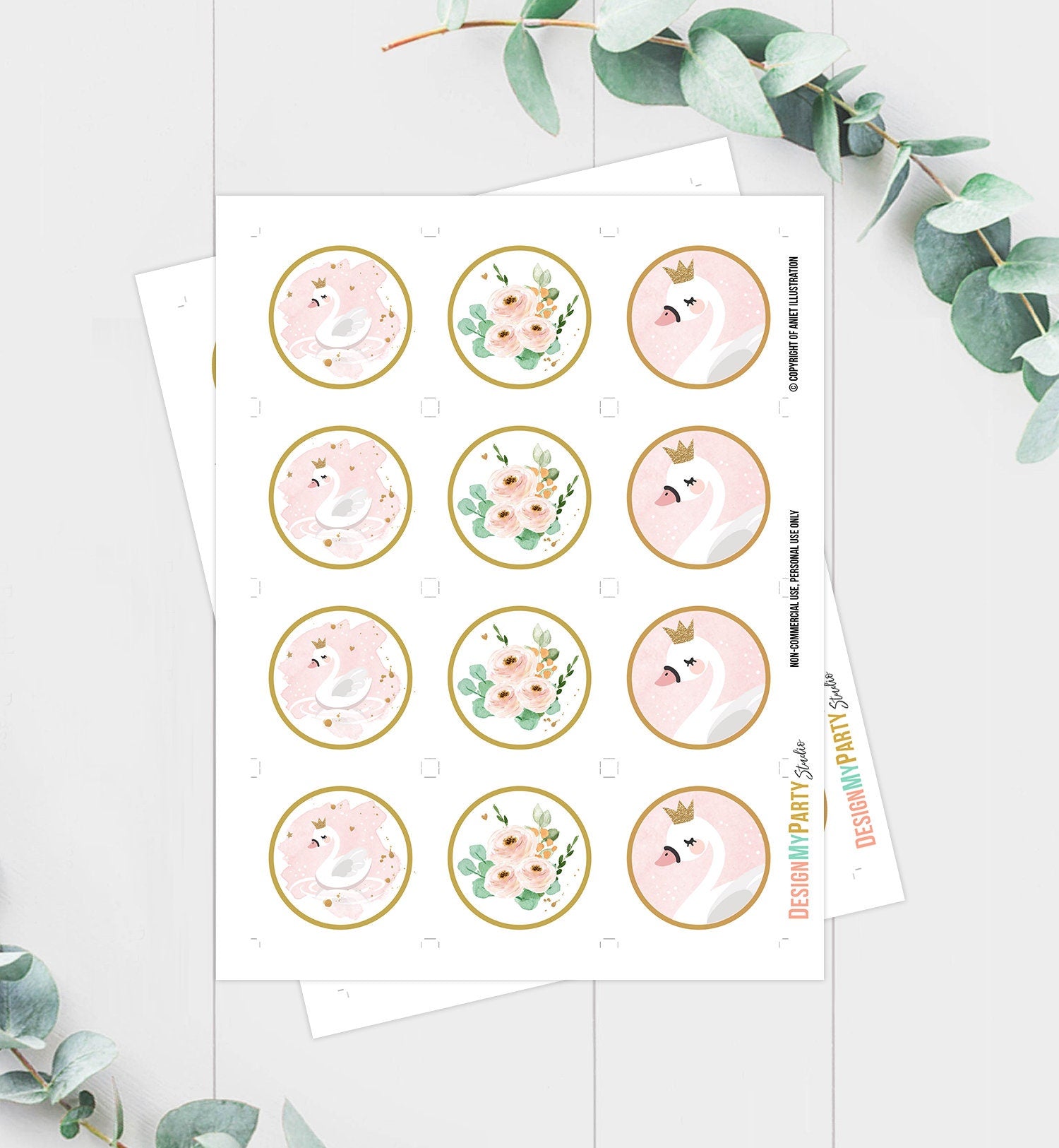 Swan Birthday Cupcake Toppers Princess Swan Birthday Favor Tags Girl Swan Baby Shower Sticker Pink Floral Download Digital PRINTABLE 0382