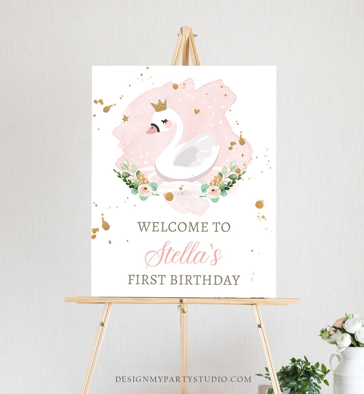 Editable Swan Princess Birthday Welcome Sign Swan Birthday Welcome Sign Blush Pink Gold Floral Swan Decor Girl Template Printable 0382