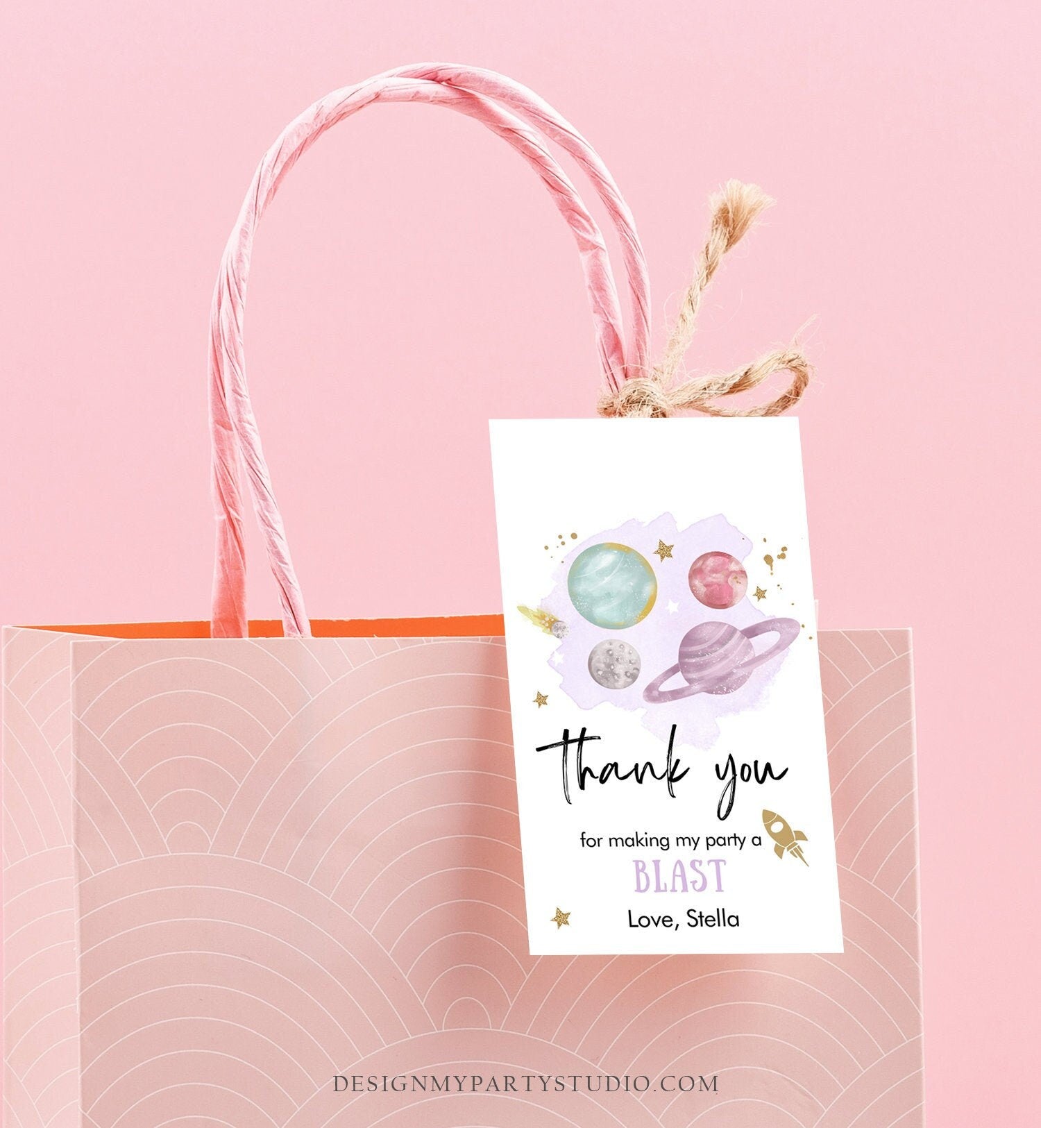 Editable Outer Space Favor Tags Space Birthday Thank you Label Galaxy Gift Trip Around the Sun Planets Purple Template Corjl PRINTABLE 0357