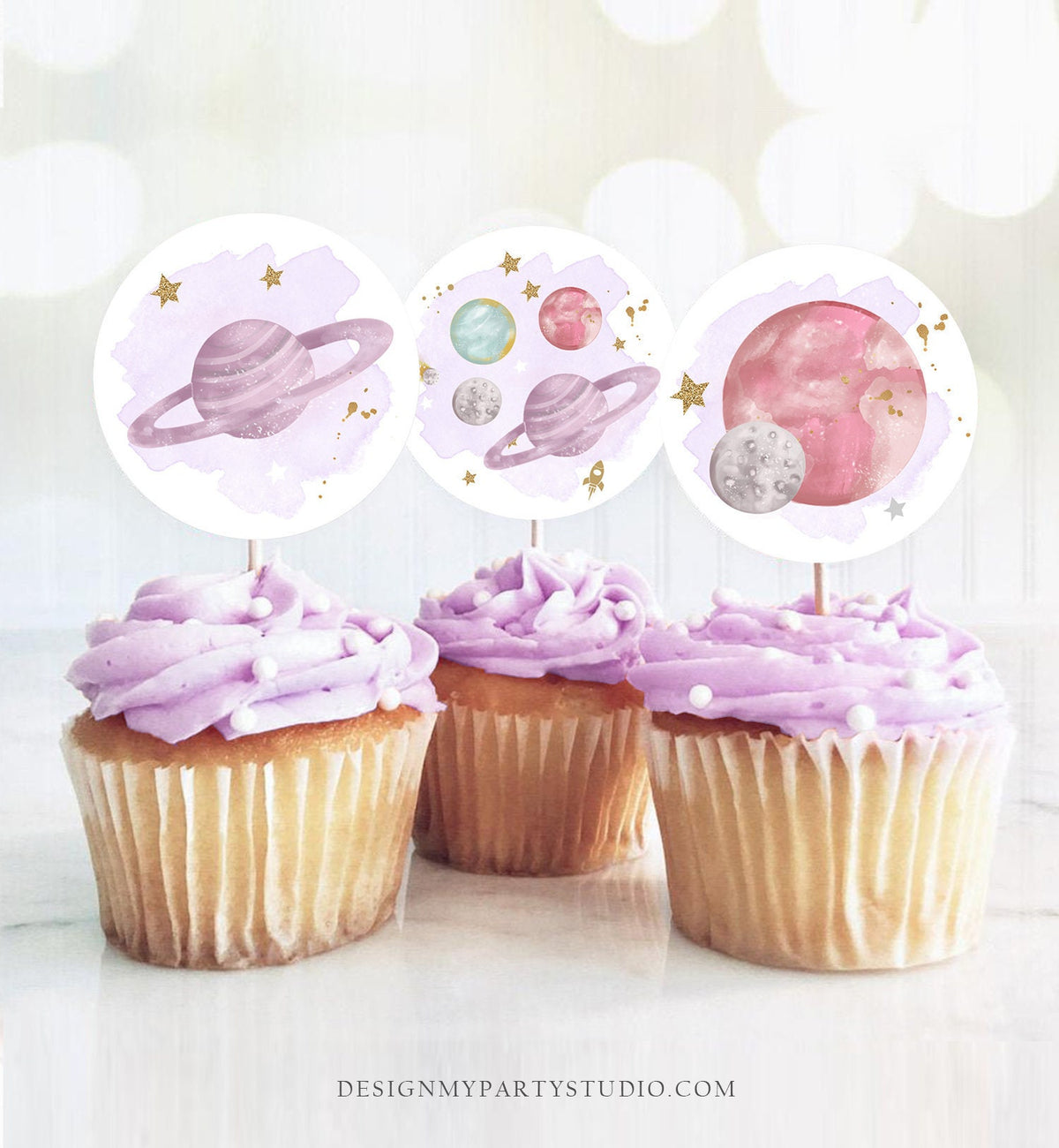 Outer Space Birthday Cupcake Toppers First Trip Around the Sun Favor Tags Space Birthday Planets Galaxy Girl Purple Digital Printable 0357