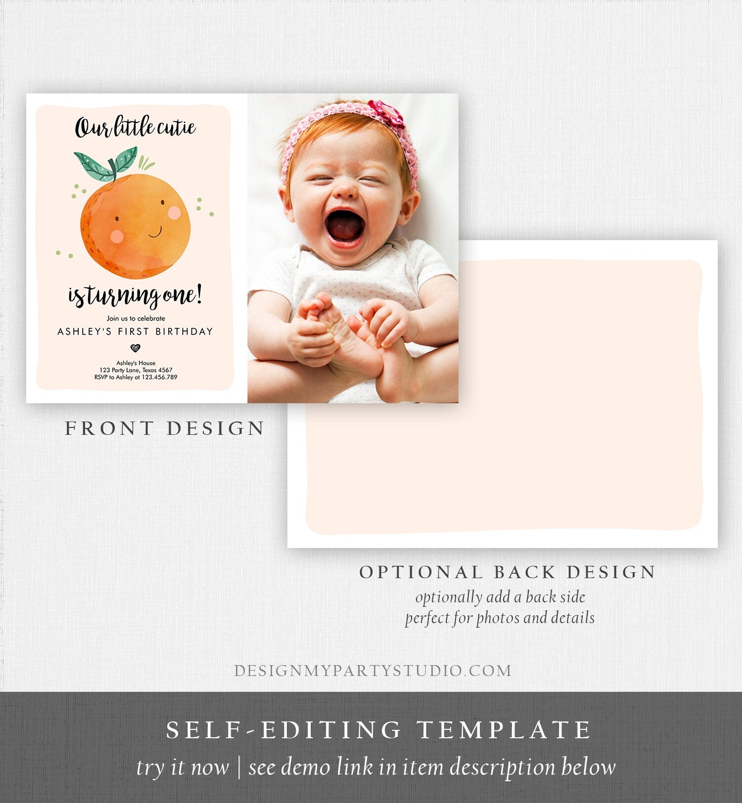 Editable Little Cutie Birthday Invitation Clementine Oranges Party Boy Girl Orange Invitation Citrus Download Printable Corjl Template 0330