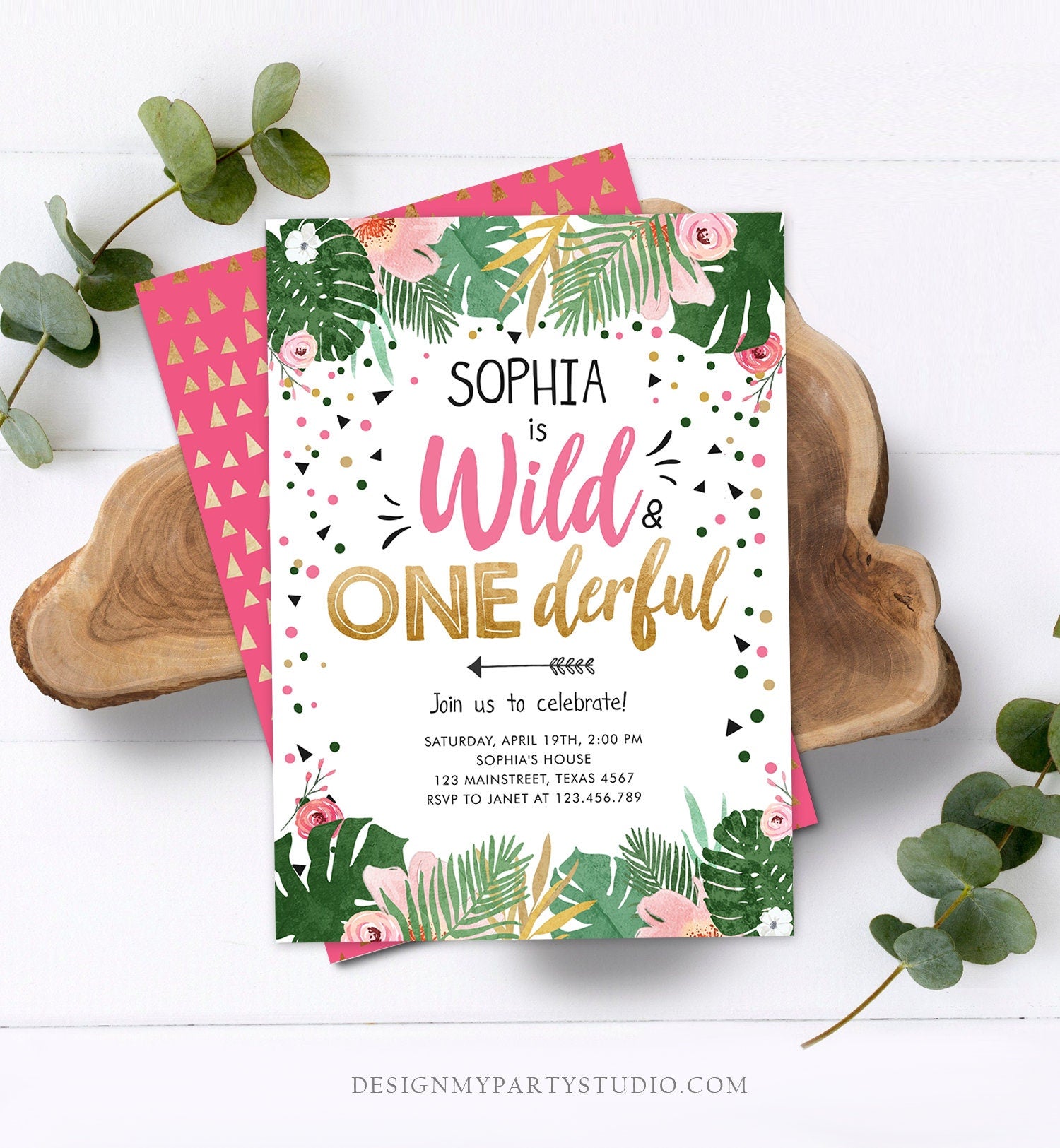 Editable Wild and Onederful Birthday Invitation Girl Wild One Safari Tropical Pink Gold Jungle First Birthday Corjl Template Printable 0332