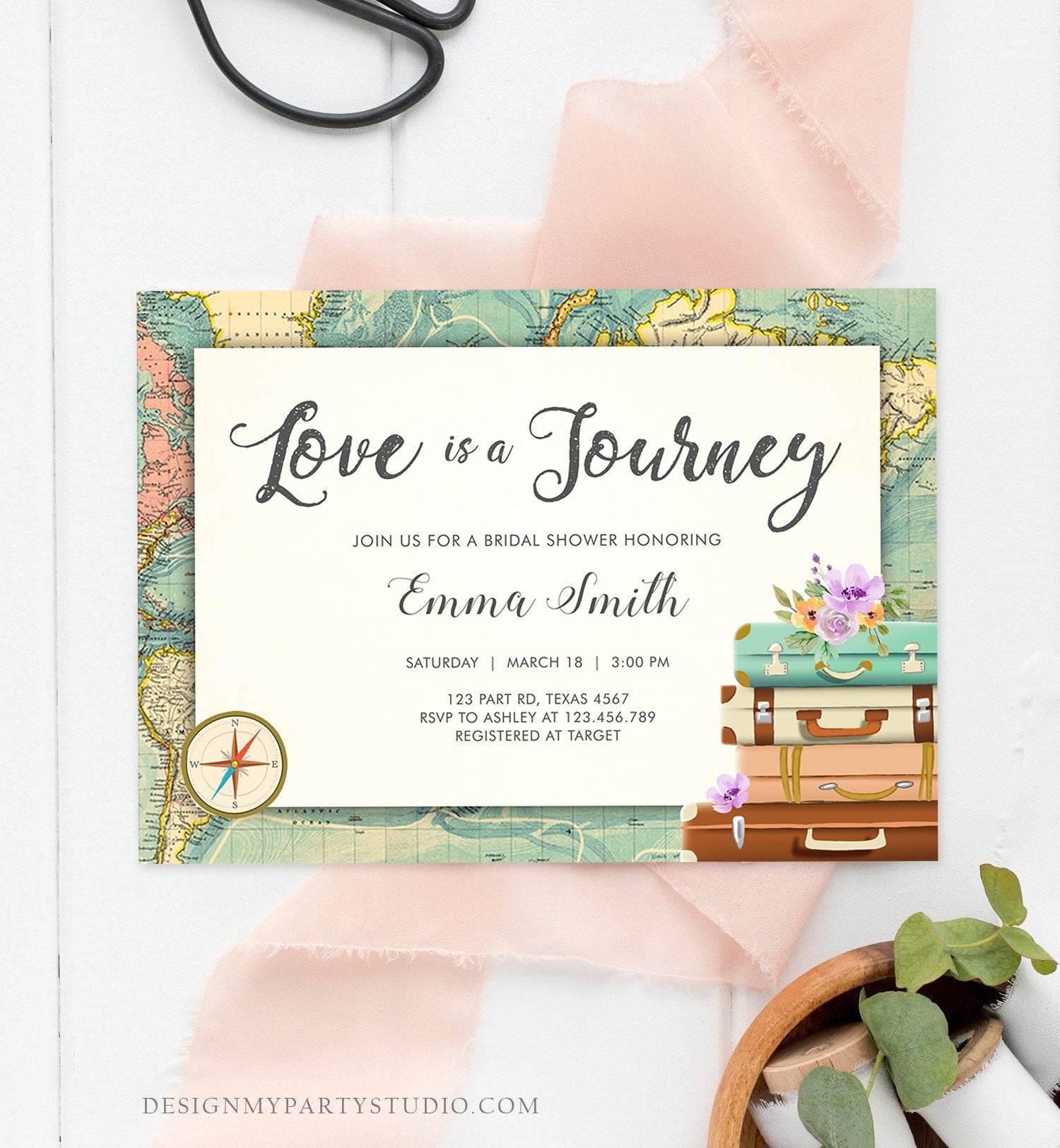 Editable Love is a Journey Bridal Shower Invitation World Map Suitcase Vintage Adventure Purple Lilac Floral Template Corjl Printable 0044