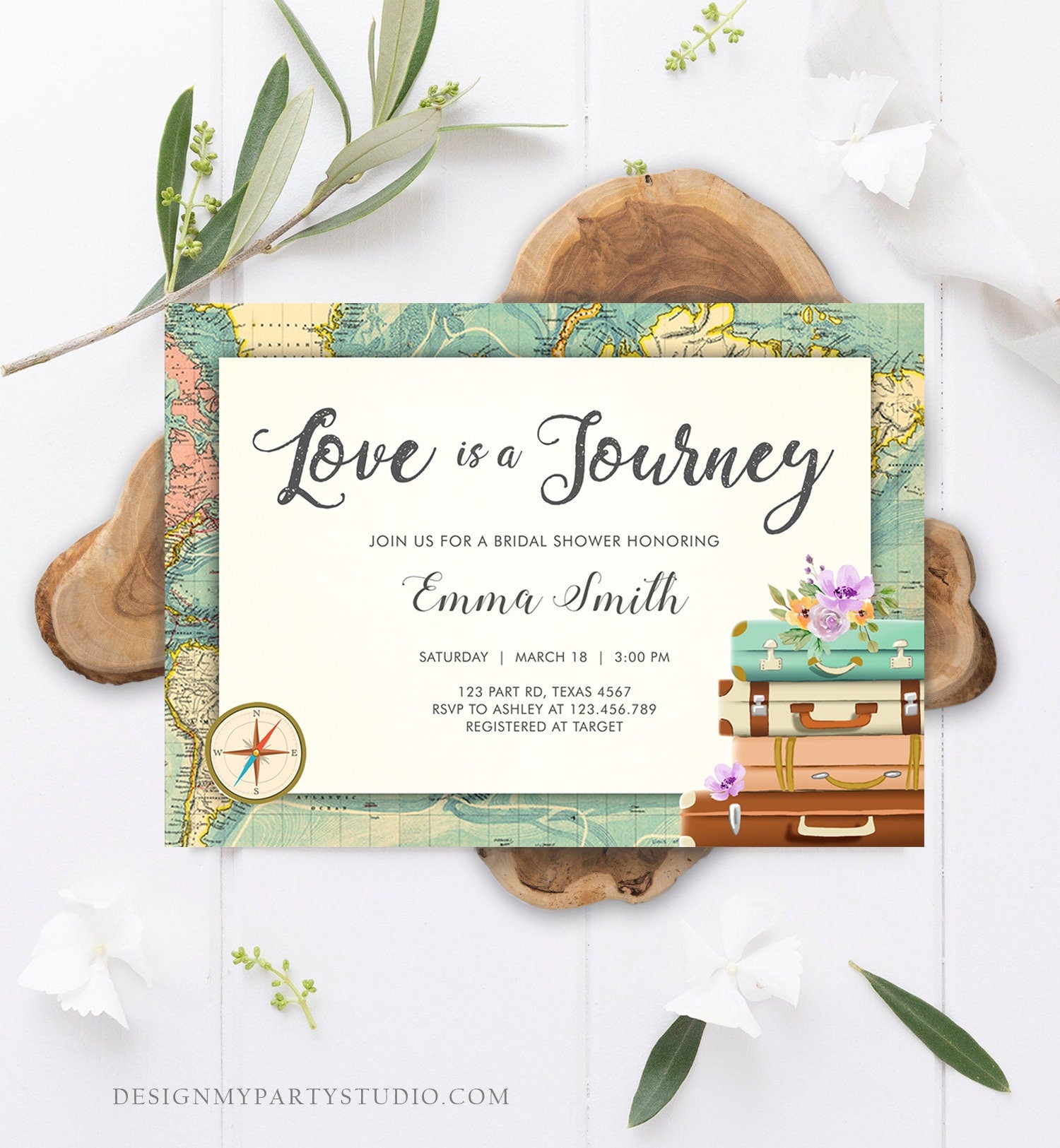 Editable Love is a Journey Bridal Shower Invitation World Map Suitcase Vintage Adventure Purple Lilac Floral Template Corjl Printable 0044