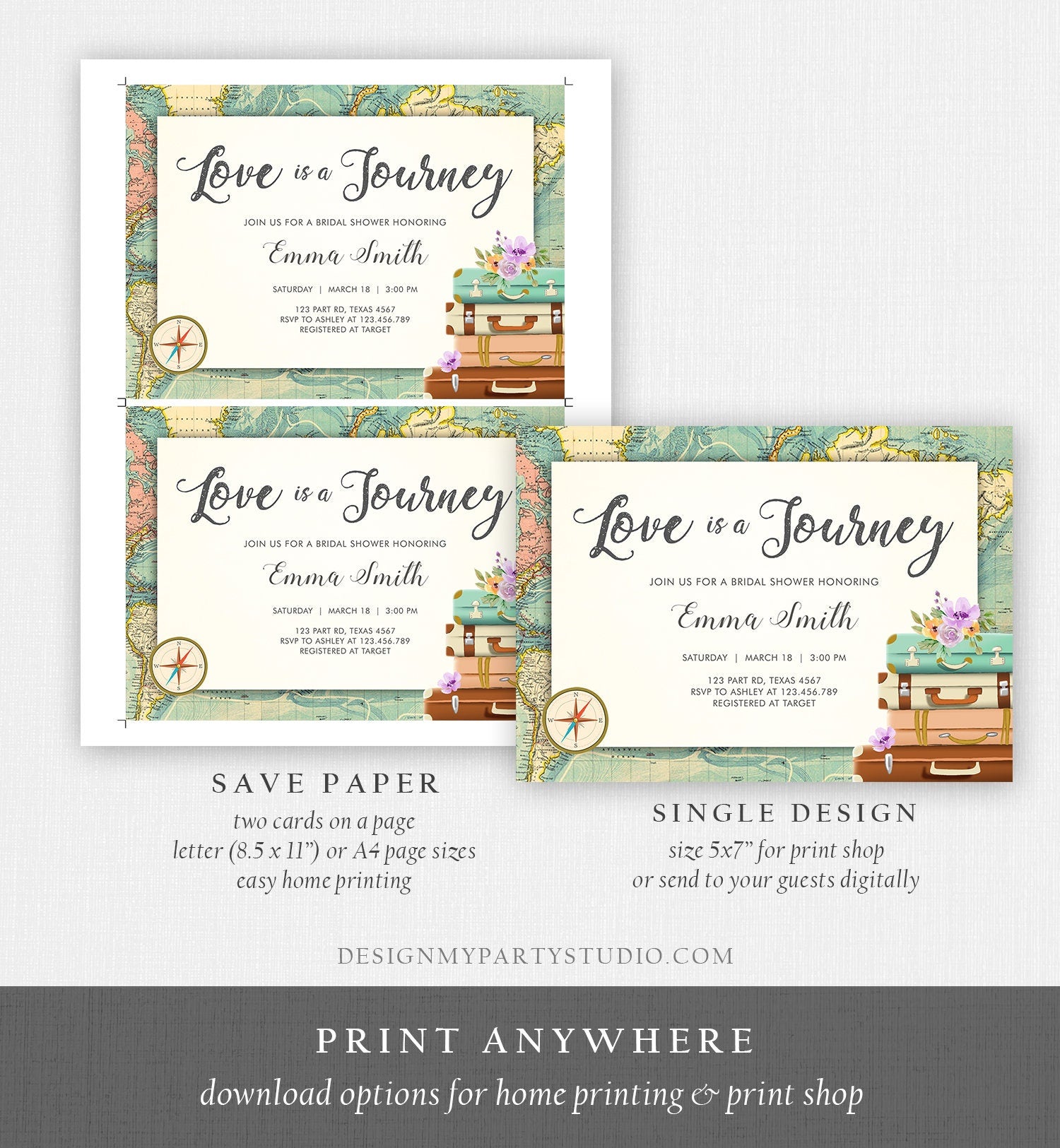 Editable Love is a Journey Bridal Shower Invitation World Map Suitcase Vintage Adventure Purple Lilac Floral Template Corjl Printable 0044