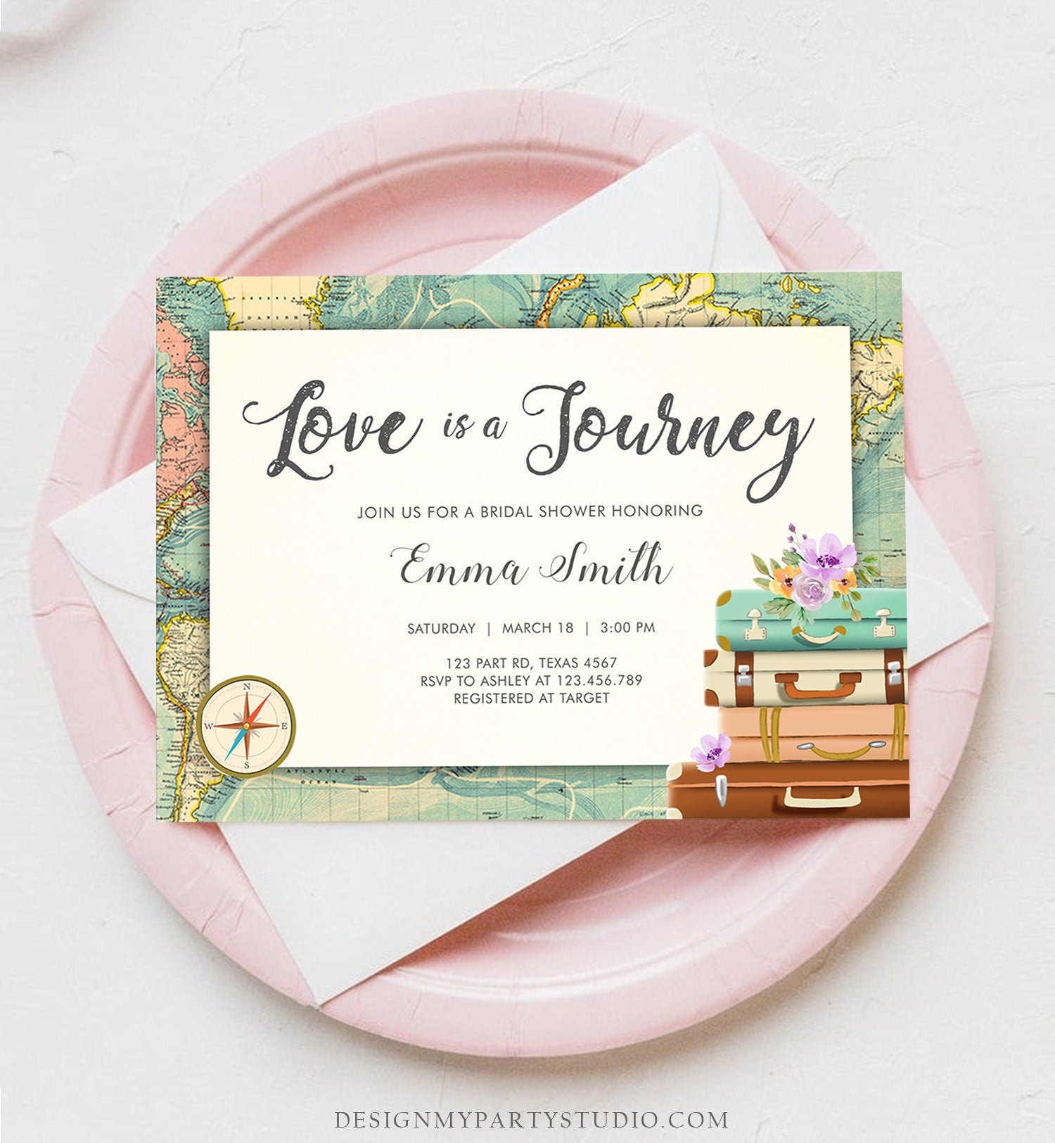 Editable Love is a Journey Bridal Shower Invitation World Map Suitcase Vintage Adventure Purple Lilac Floral Template Corjl Printable 0044