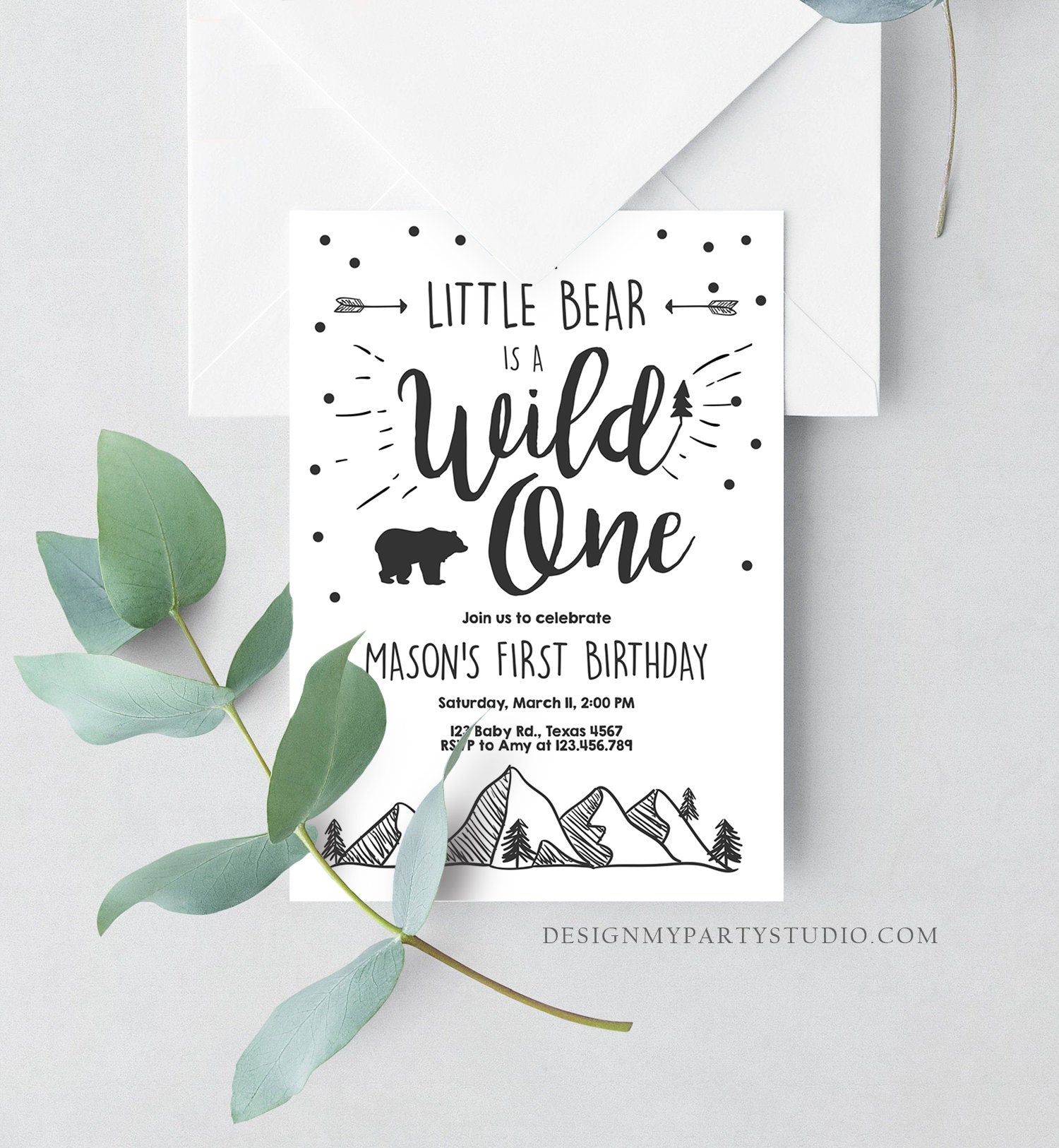 Editable Wild One Adventure First Birthday Invitation Little Bear Wild Things Boy Mountains Outdoor Download Corjl Template Printable 0083