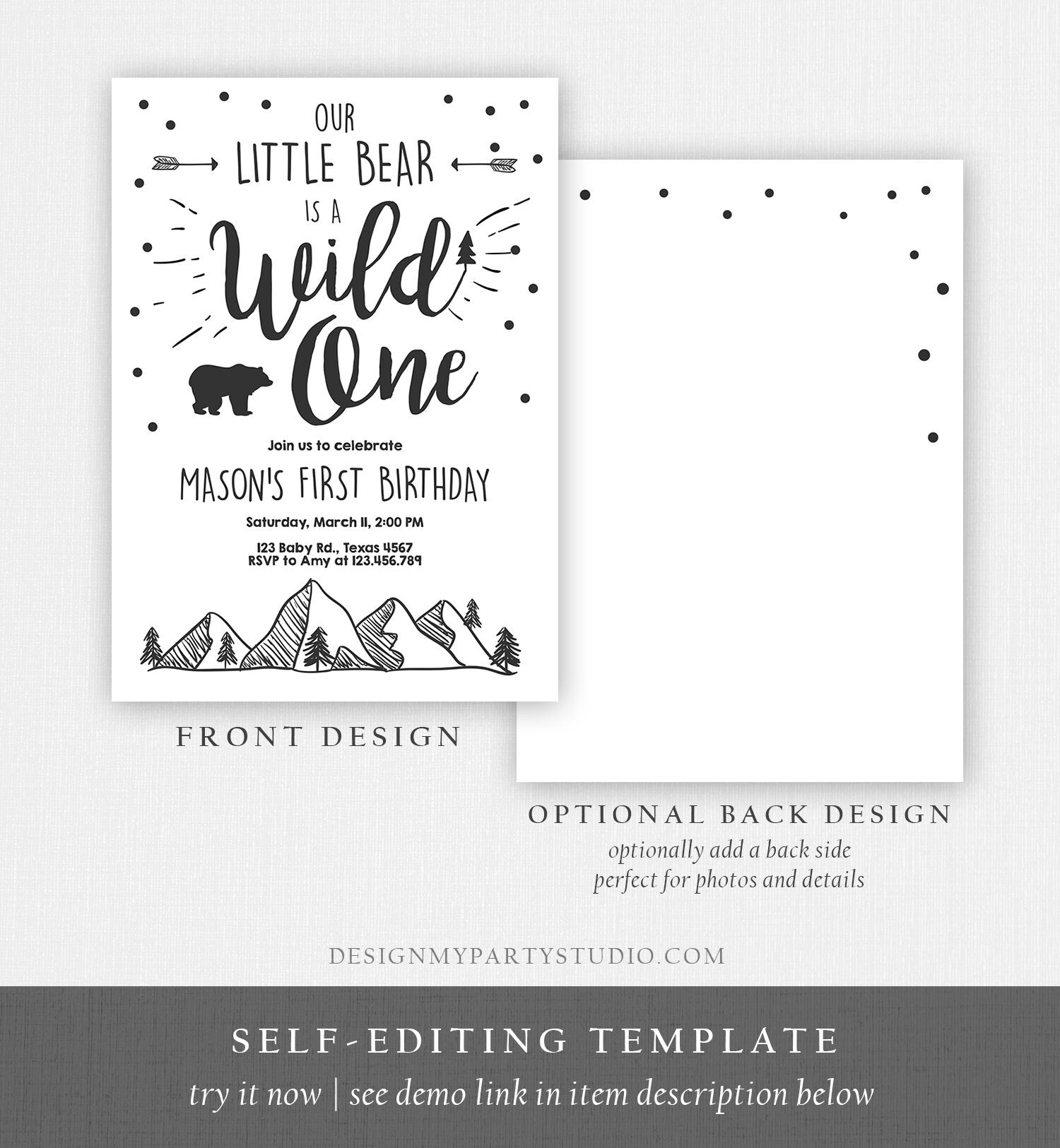 Editable Wild One Adventure First Birthday Invitation Little Bear Wild Things Boy Mountains Outdoor Download Corjl Template Printable 0083