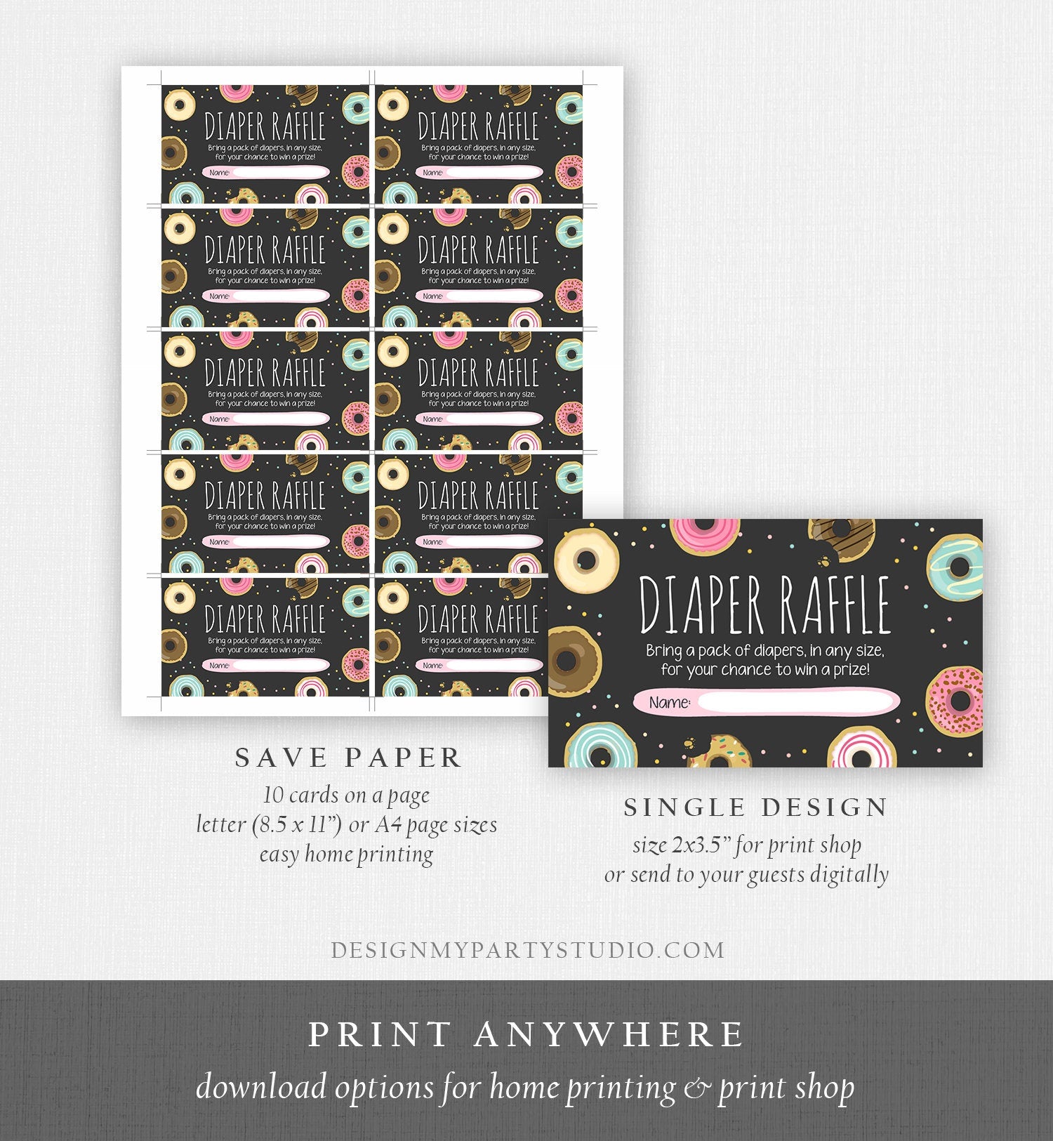 Editable Donut Diaper Raffle Ticket Baby Shower Pink Girl Sweet Doughnut Diaper Game Sprinkled With Love Corjl Template Printable 0050