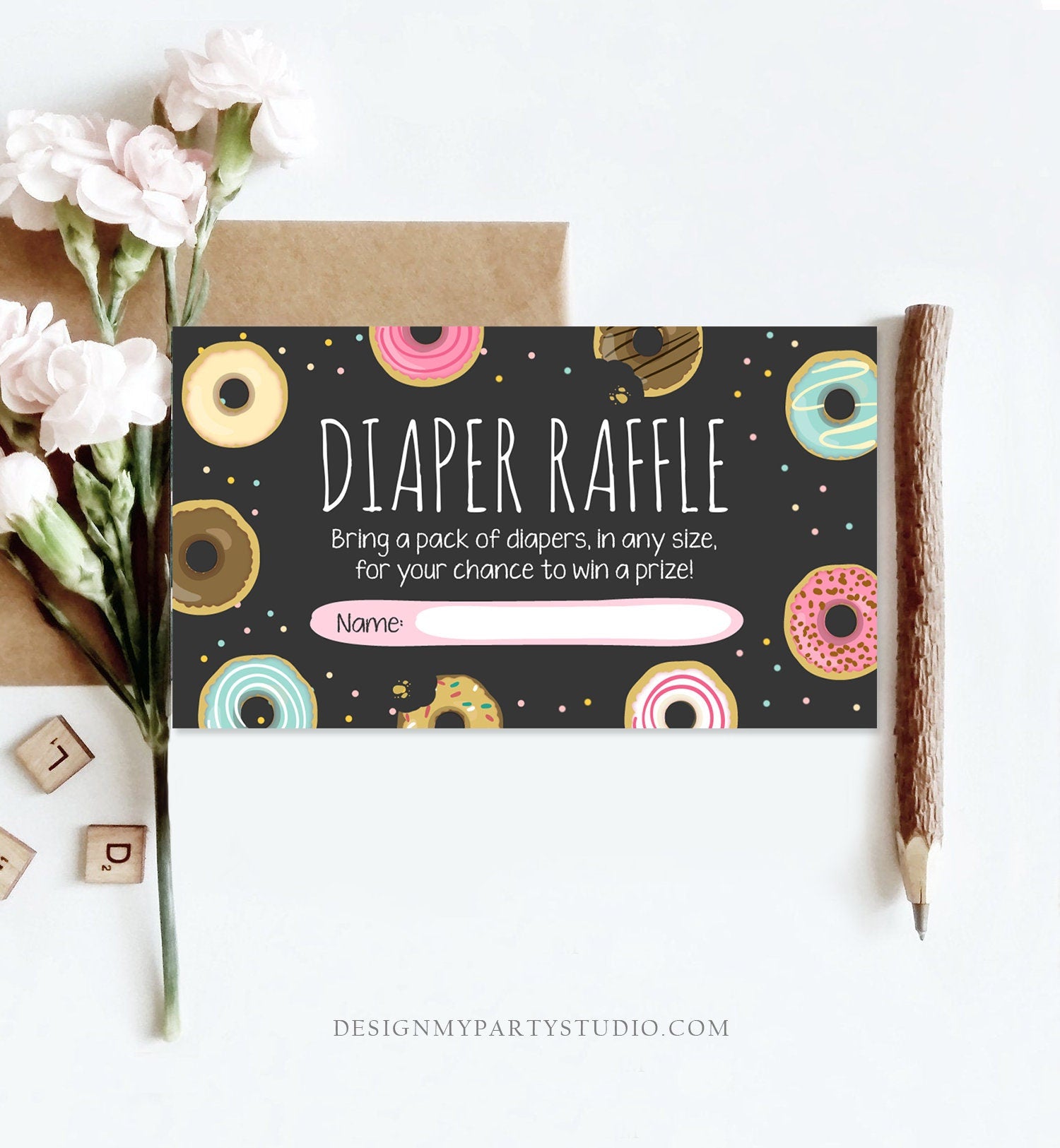 Editable Donut Diaper Raffle Ticket Baby Shower Pink Girl Sweet Doughnut Diaper Game Sprinkled With Love Corjl Template Printable 0050