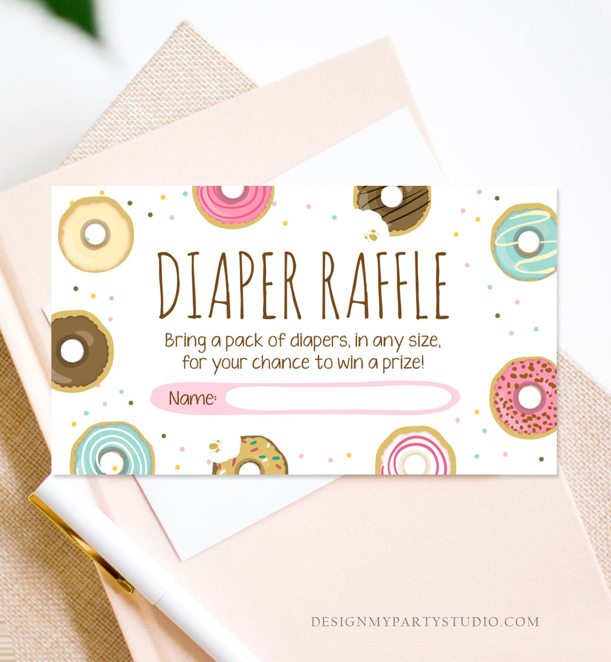 Editable Donut Diaper Raffle Ticket Baby Shower Pink Girl Sweet Doughnut Diaper Game Sprinkled With Love Corjl Template Printable 0050