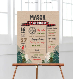 Editable Lumberjack Birthday Milestones Sign Pine Tree Stat Poster Infographic Buffalo Plaid 1st Birthday Bear Template Printable Corjl 0026