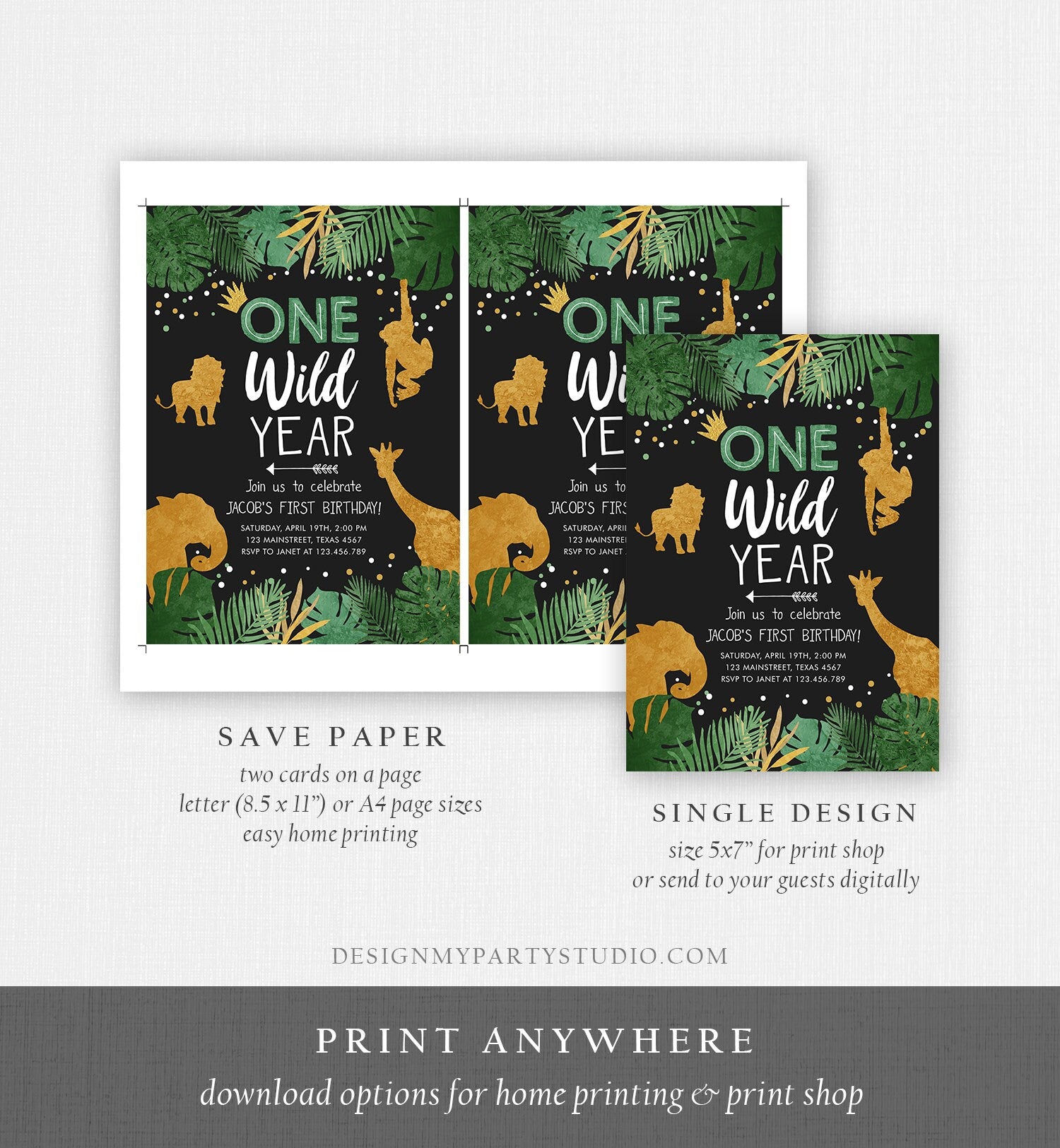 Editable Wild One Birthday Invite Safari Animals Jungle One Wild Year Black Gold First Birthday 1st Download Printable Corjl Template 0016