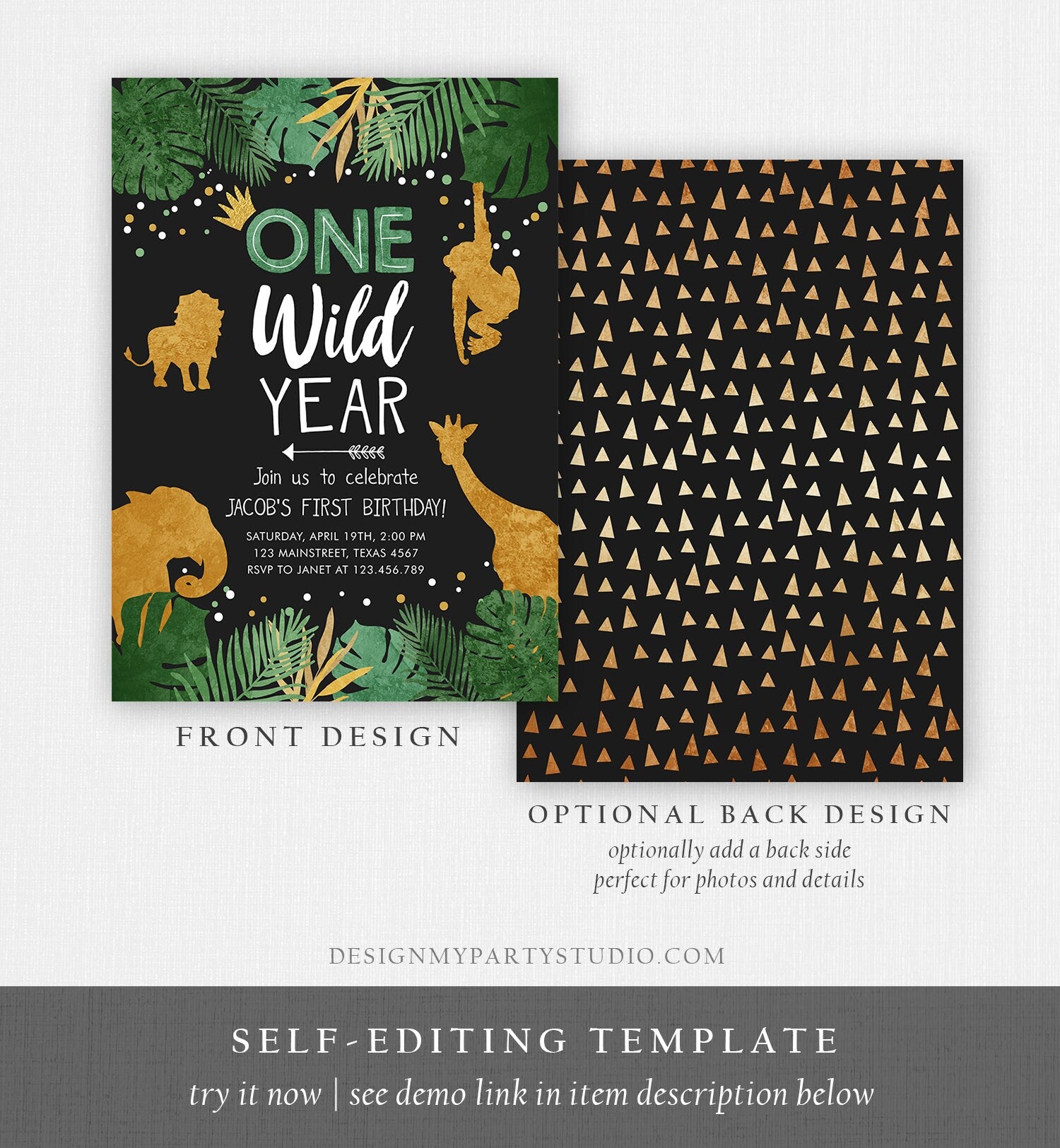 Editable Wild One Birthday Invite Safari Animals Jungle One Wild Year Black Gold First Birthday 1st Download Printable Corjl Template 0016