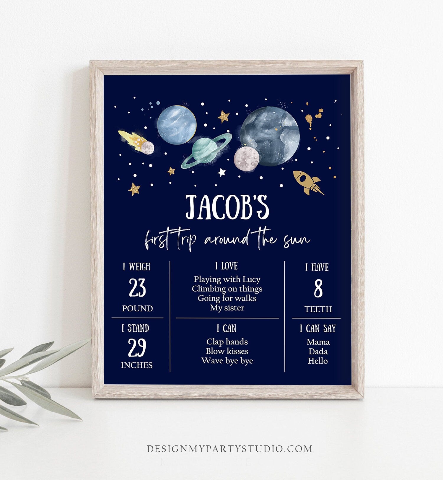 Editable Outer Space Birthday Milestones Sign First Trip Around the Sun Boy 1st Birthday Space Galaxy Planets Template Printable Corjl 0357