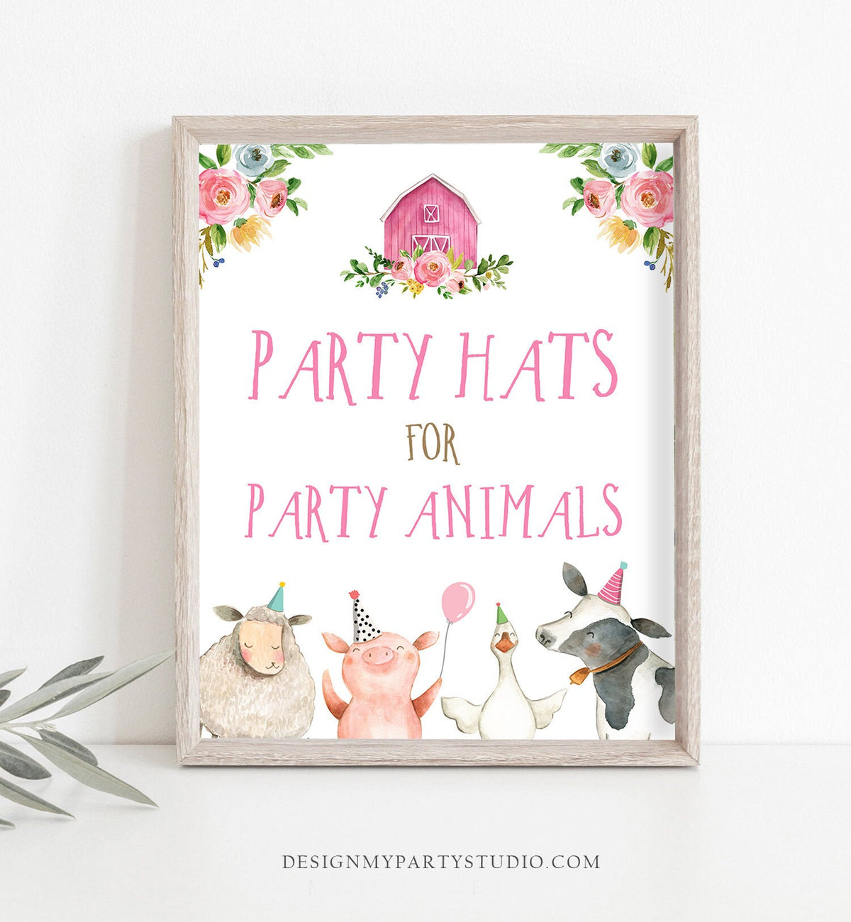 Farm Animals Party Sign Party Hats Sign Farm Birthday Sign Zoo Barnyard Birthday Farm Decor Girl Pink Decorations Sign Party PRINTABLE 0155