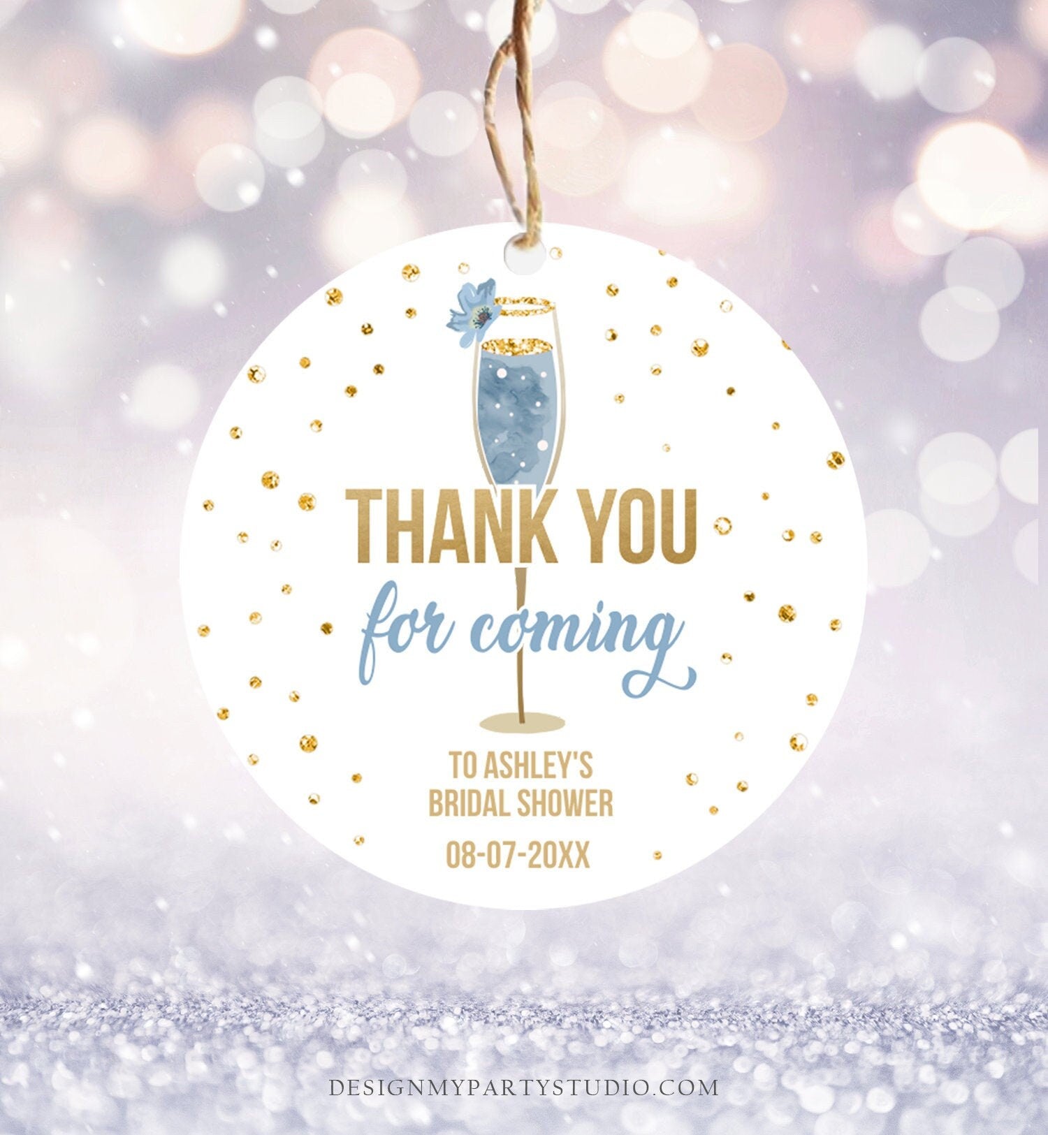 Editable Brunch and Bubbly Thank You Stickers Bubbly Bridal Shower Favor Gift Tags Pastel Blue Gold Floral Digital Template Printable 0150