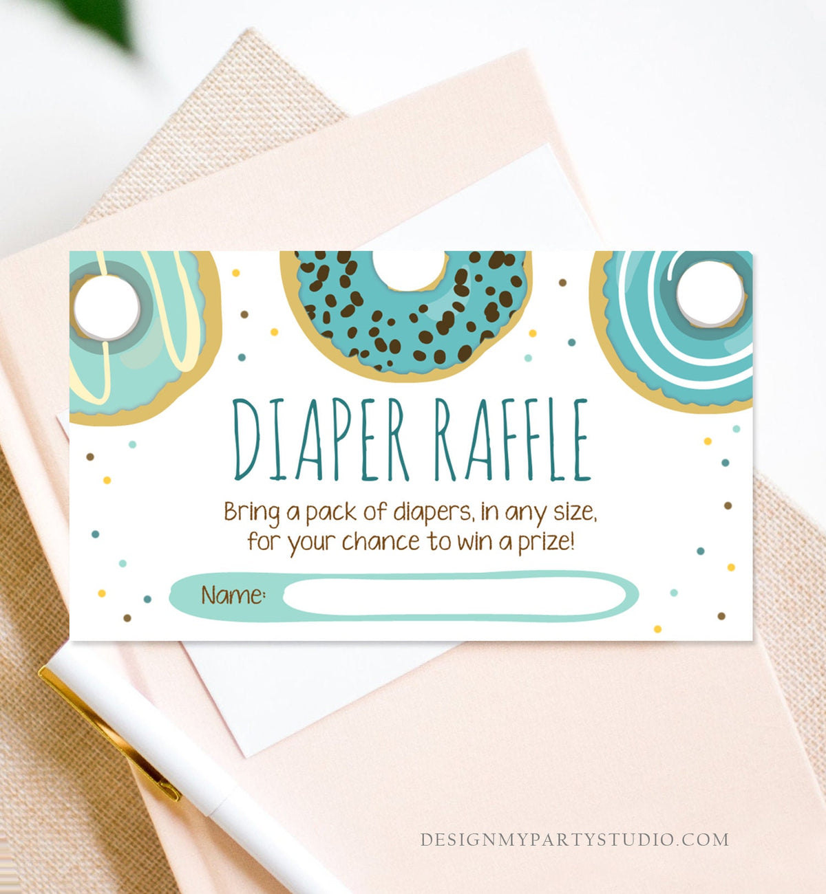 Editable Diaper Raffle Tickets Baby Shower Donut Blue Boy Doughnut Diaper Game Sprinkle Sprinkled With Love Corjl Template Printable 0050