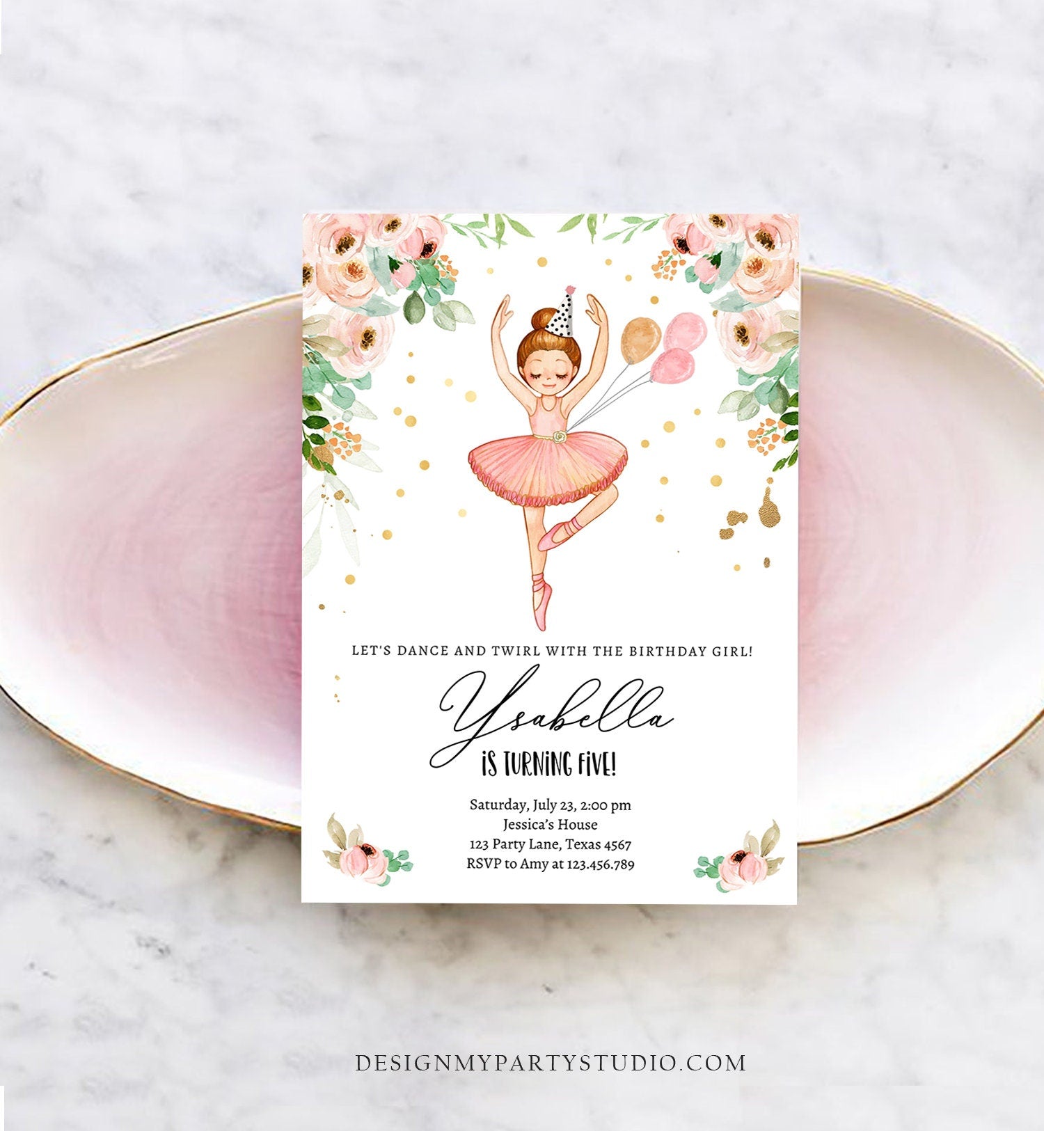 Editable Ballerina Birthday Invitation Ballerina Invitation Ballet Girl Tutu Dress Pink Gold Download Printable Invite Template Corjl 0375