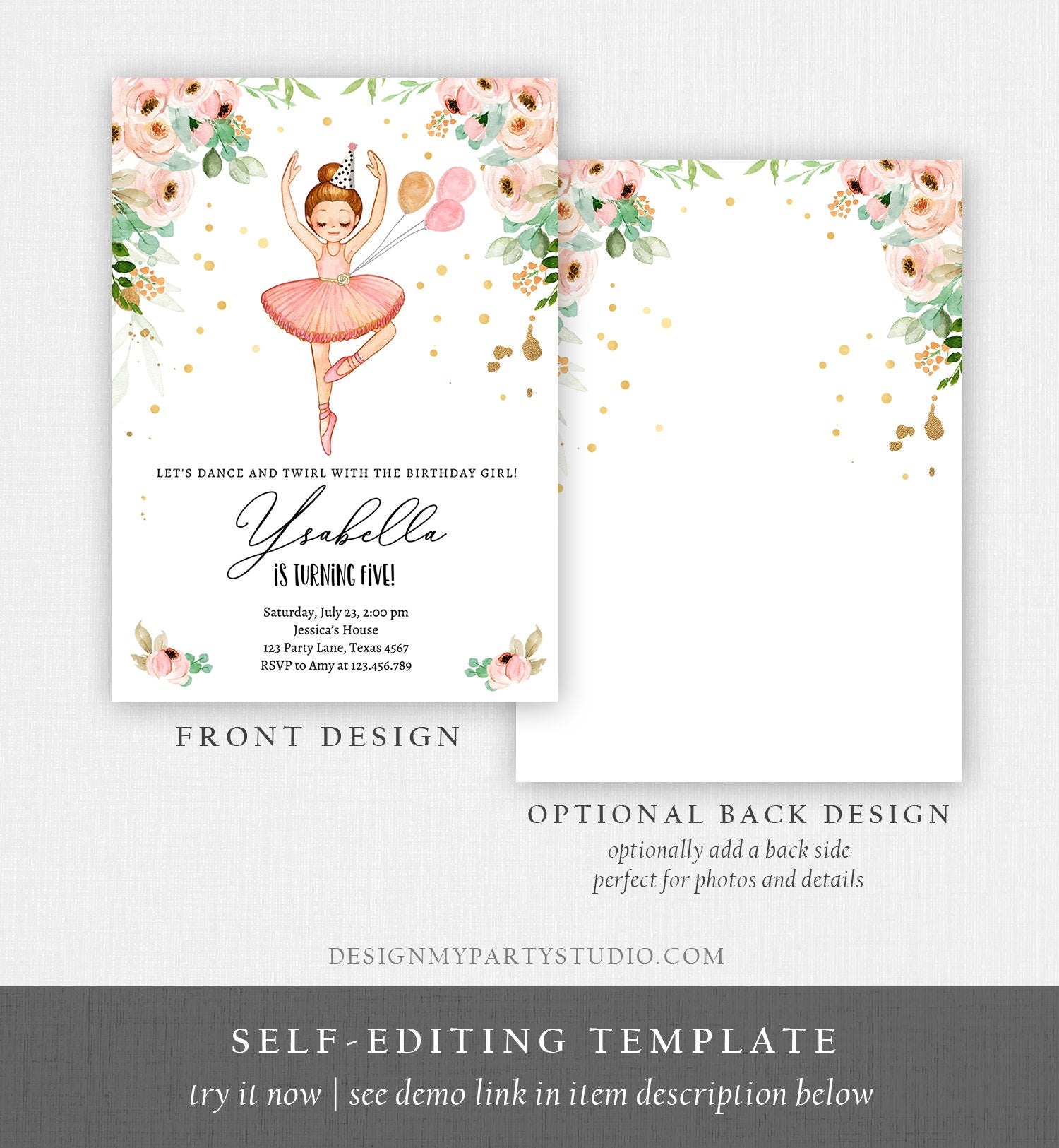 Editable Ballerina Birthday Invitation Ballerina Invitation Ballet Girl Tutu Dress Pink Gold Download Printable Invite Template Corjl 0375