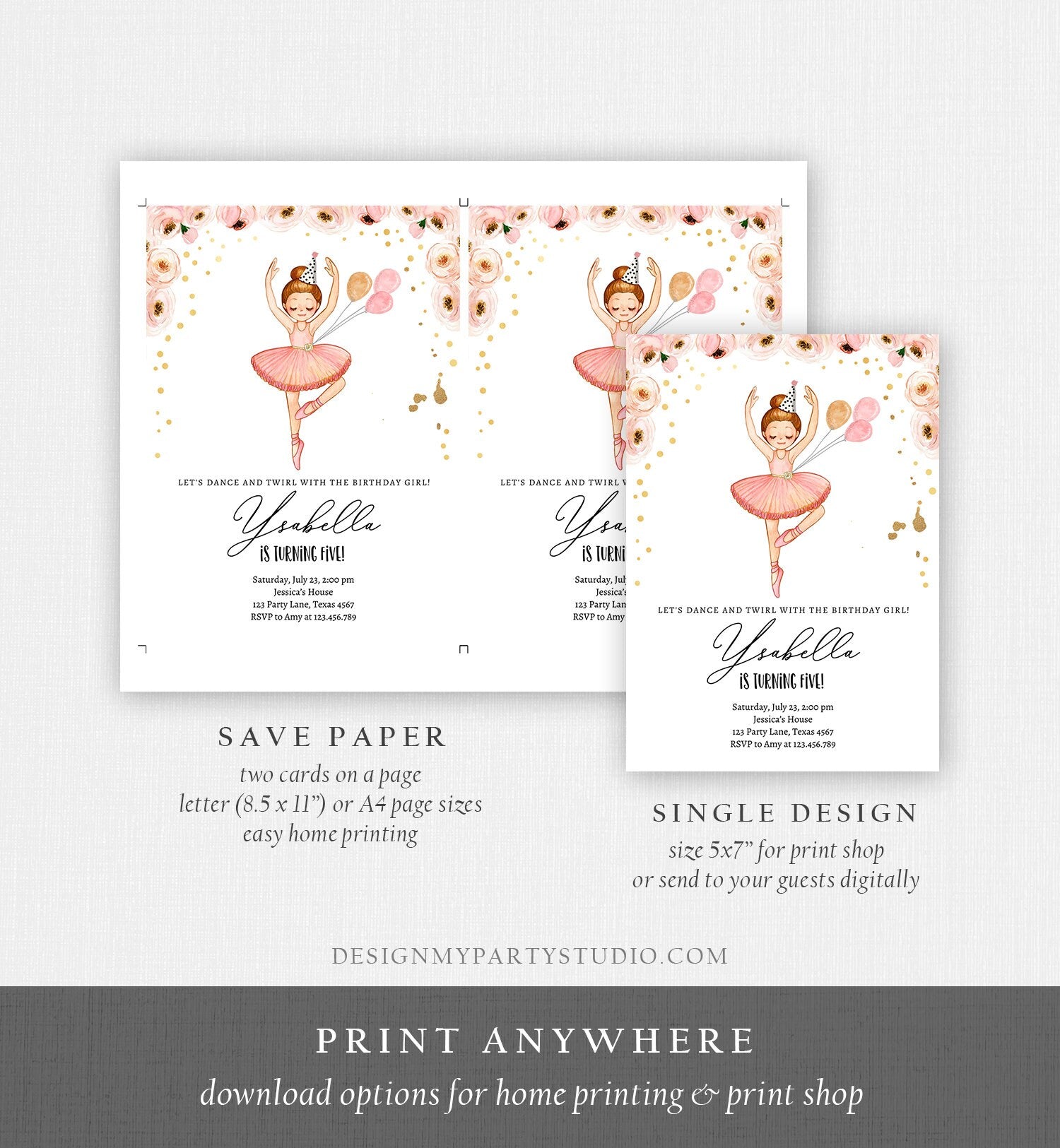 Editable Ballerina Birthday Invitation Ballerina Invitation Ballet Girl Tutu Dress Pink Gold Digital Download Evite Template Printable 0375