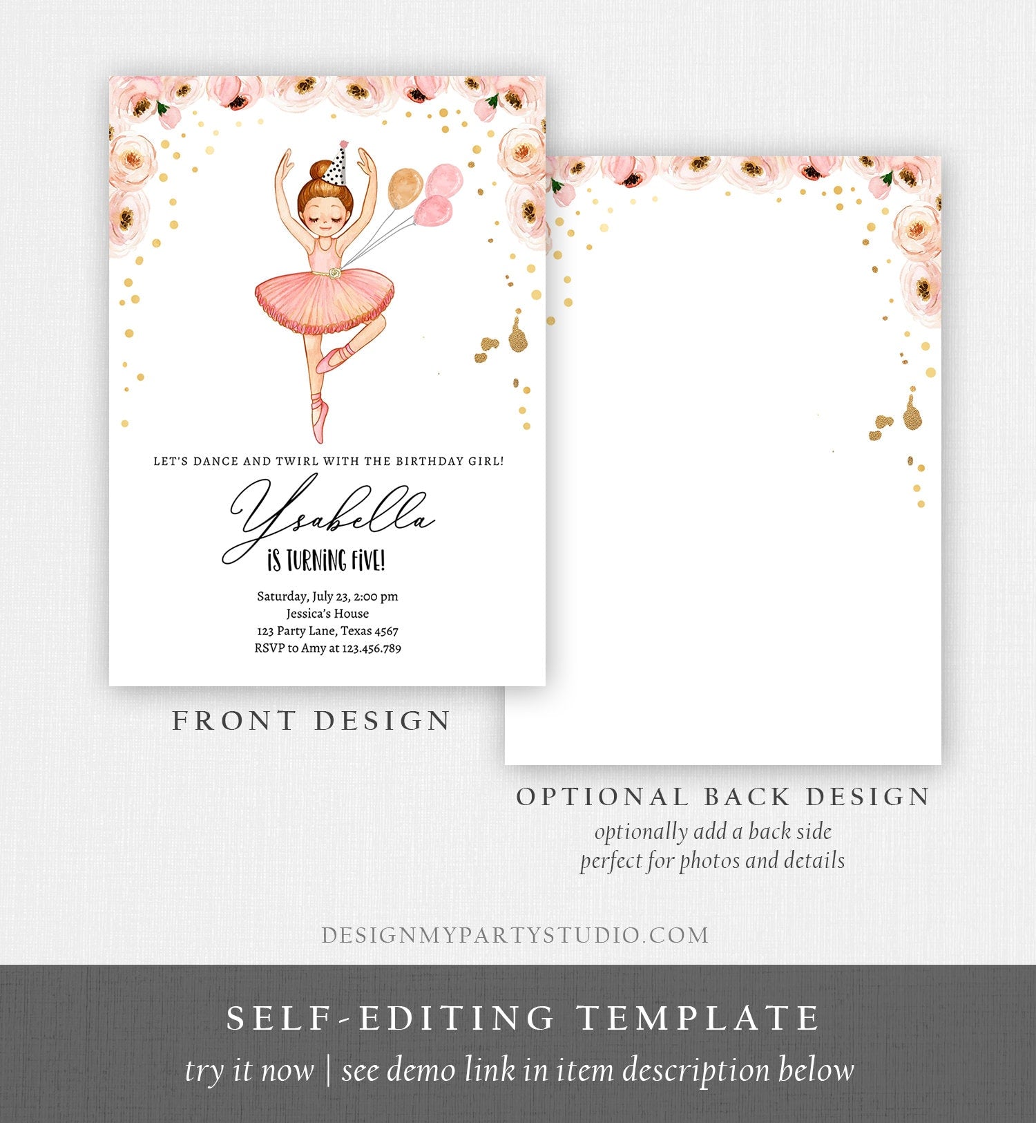 Editable Ballerina Birthday Invitation Ballerina Invitation Ballet Girl Tutu Dress Pink Gold Digital Download Evite Template Printable 0375