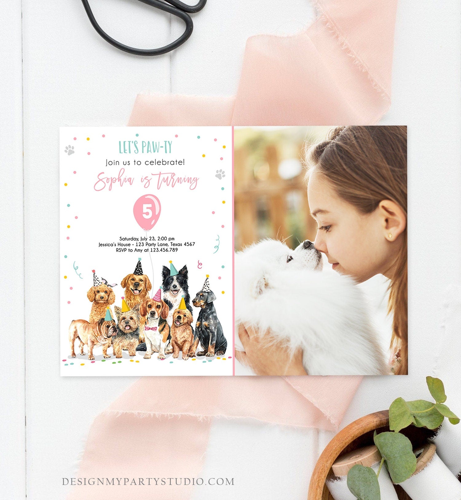 Editable Puppy Birthday Invitation Dogs Birthday Party Invite Pink Girl Watercolor Let's Pawty Dog Download Printable Template Corjl 0384