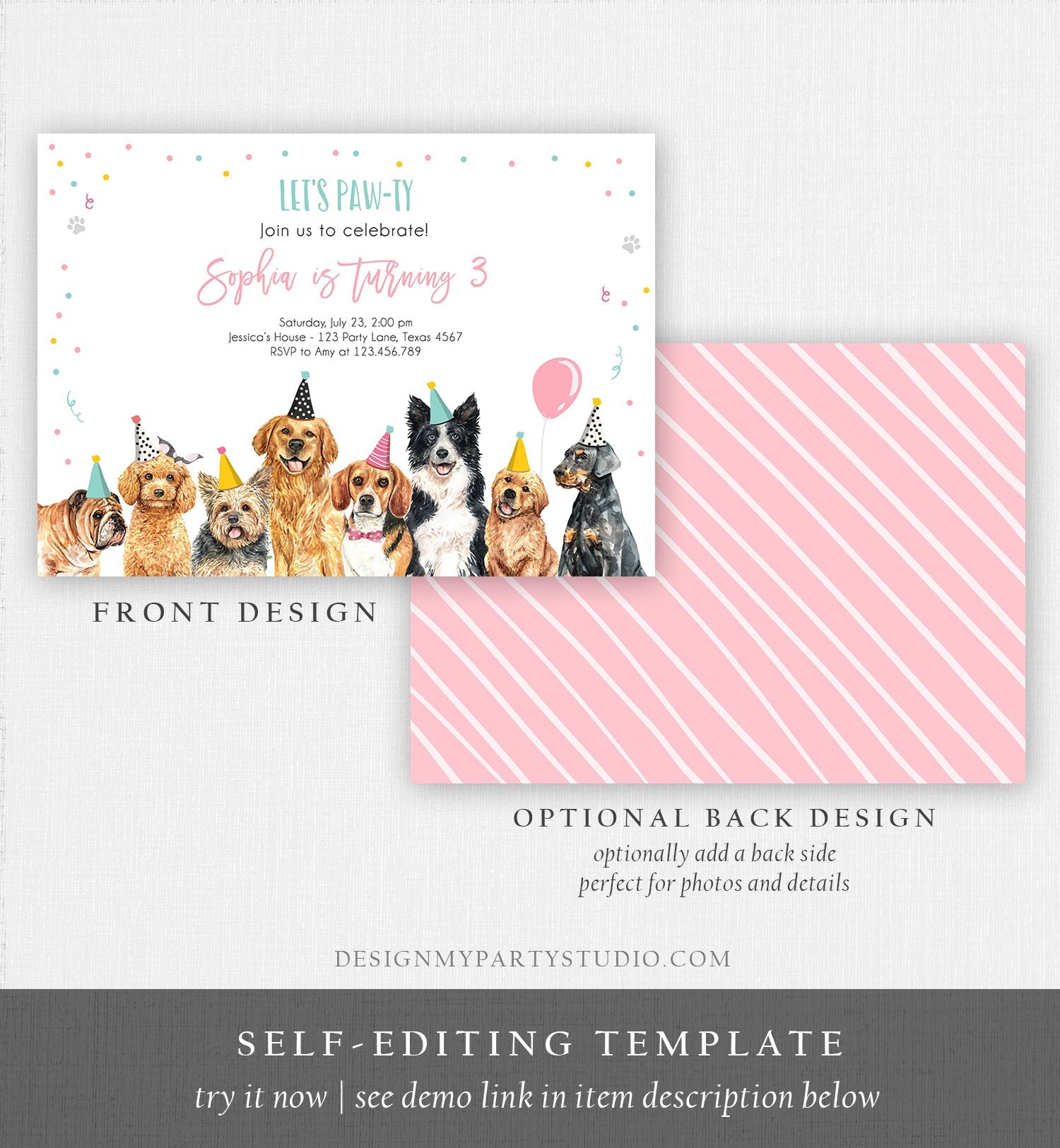 Editable Puppy Birthday Invitation Dogs Birthday Party Invite Pink Girl Let's Pawty Dog Digital Download Evite Template Printable 0384