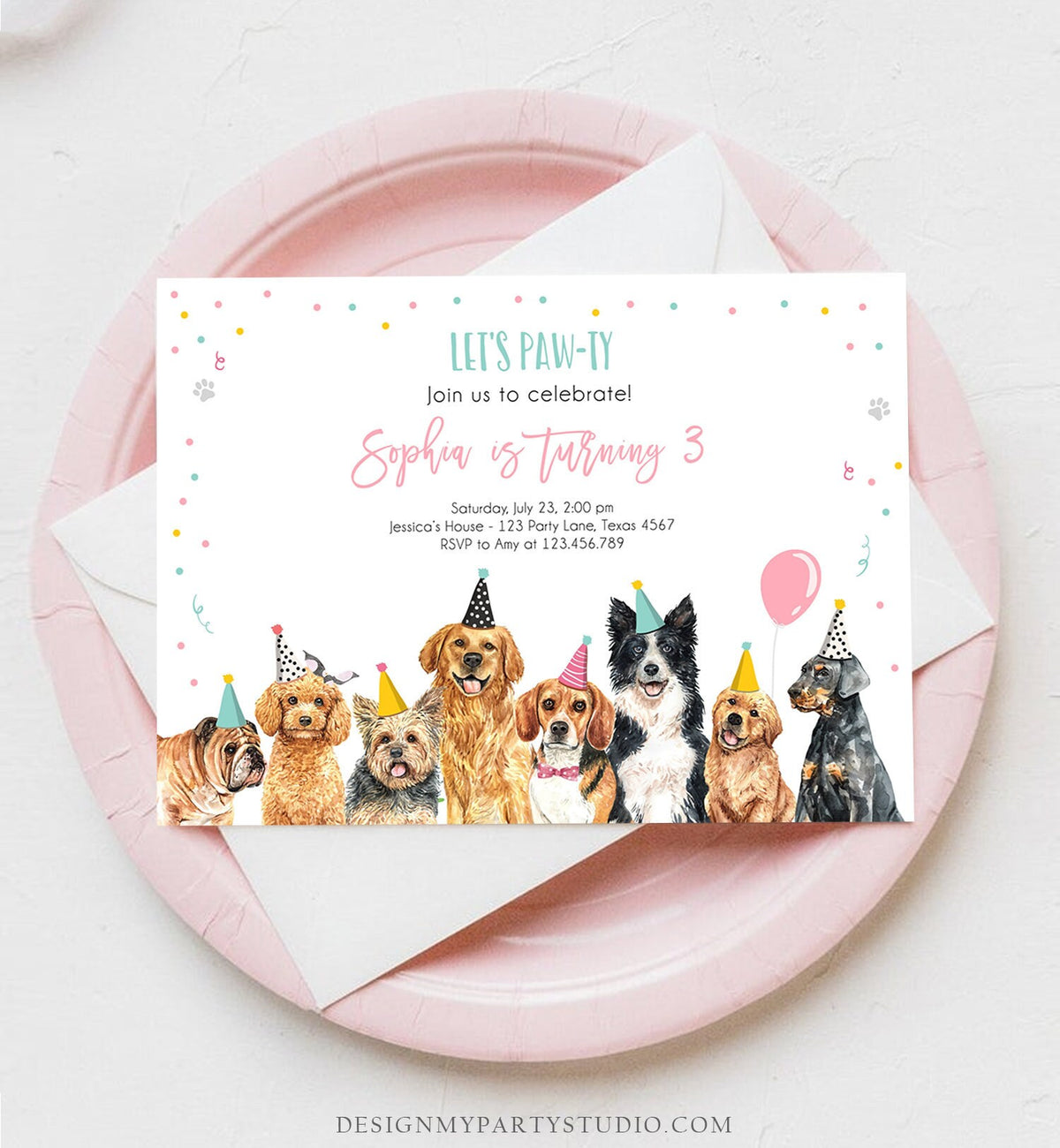 Editable Puppy Birthday Invitation Dogs Birthday Party Invite Pink Girl Let&#39;s Pawty Dog Digital Download Evite Template Printable 0384