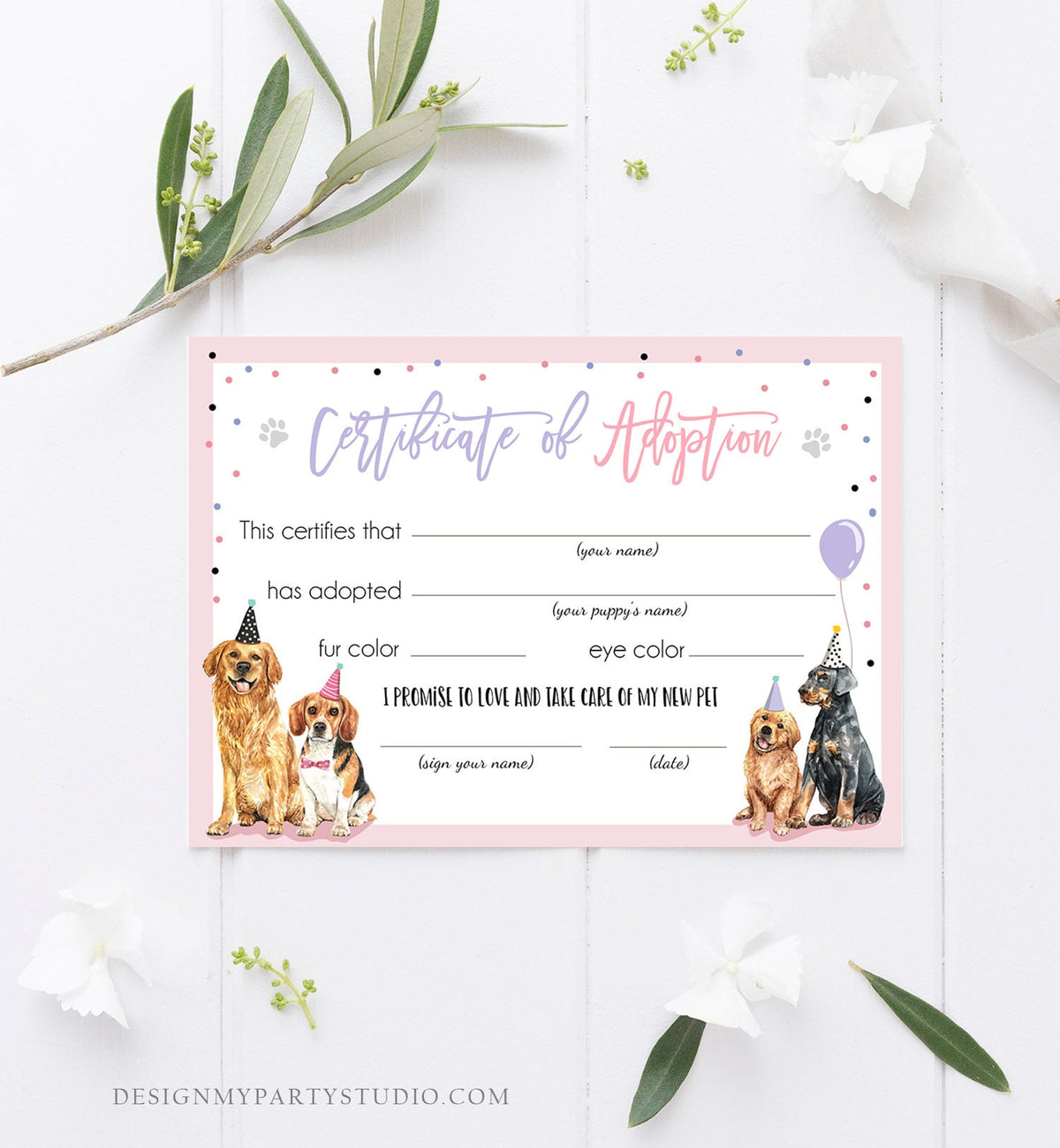 Pet Adoption Certificate Puppy Adoption Dog Birthday Party Adopt A Pet Girl Pink Vet Puppy Adoption Instant Download Digital Printable 0384