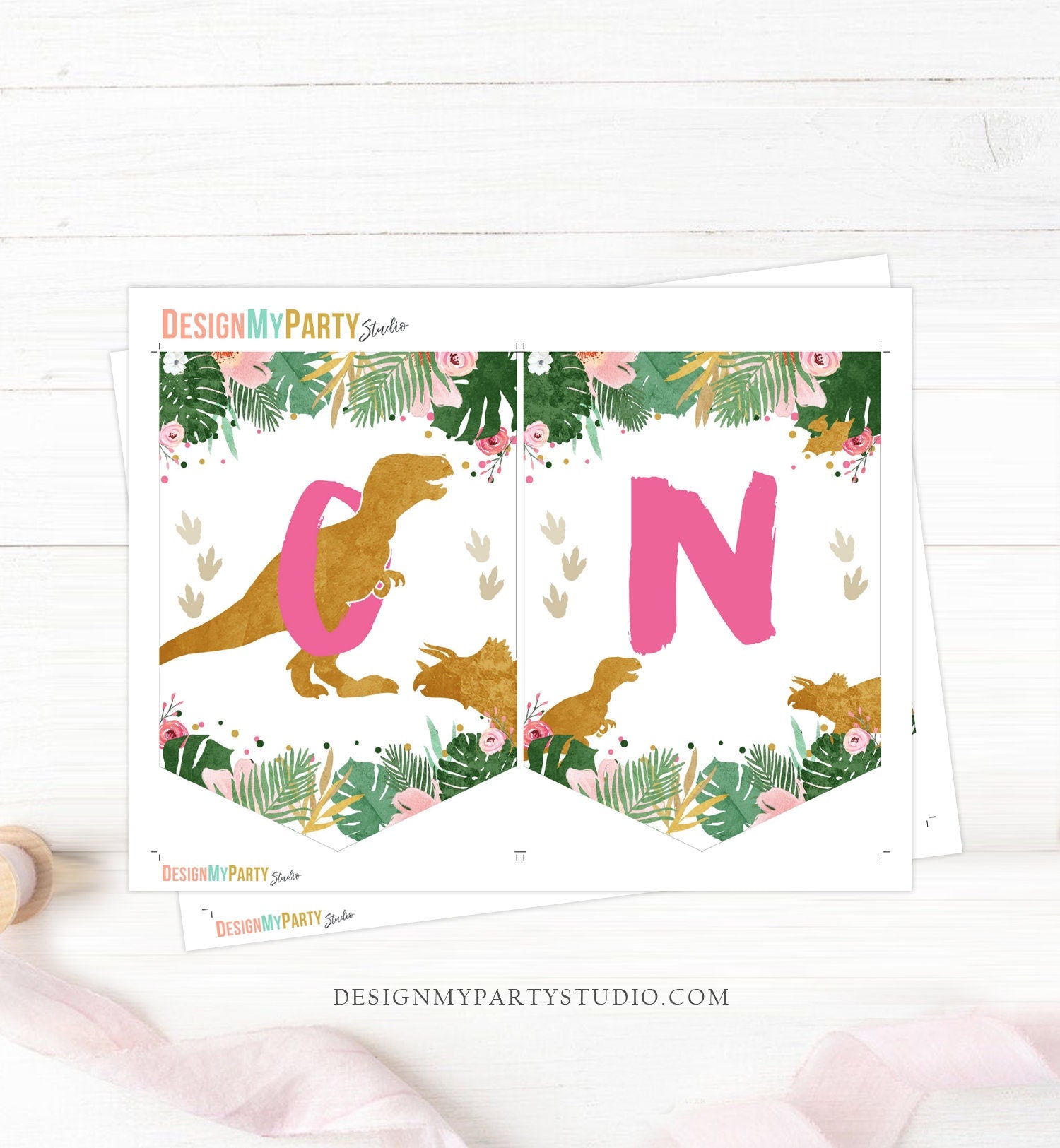 Dinosaur High Chair Banner Dinosaur Girl 1st First Birthday High Chair ONE Banner Pink Dino Party Decor T-Rex PRINTABLE Digital 0146