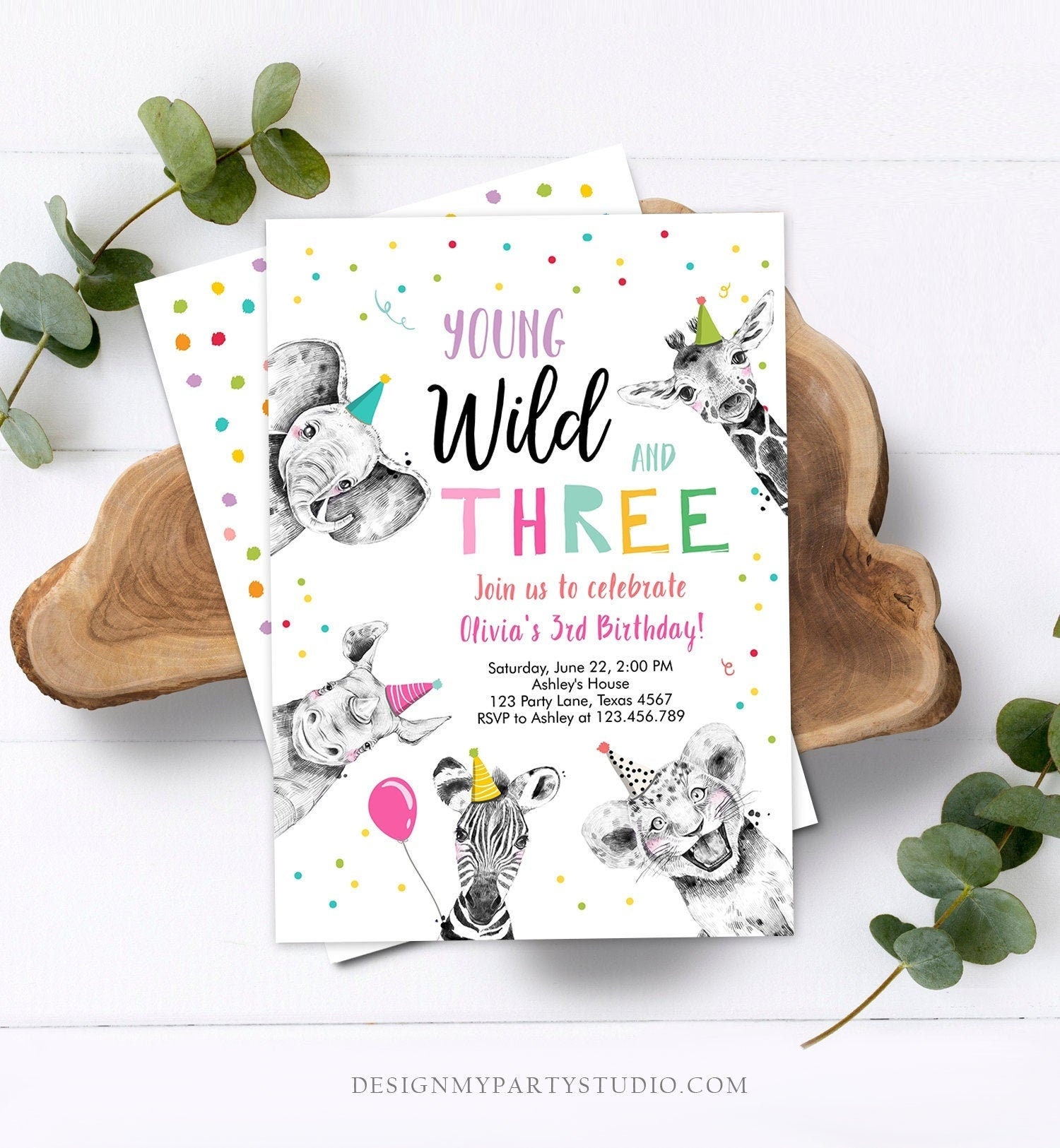 Editable Young Wild and Three Birthday Invitation Girl Pink and Gold Safari Animals Instant Download Printable Template Digital Corjl 0390