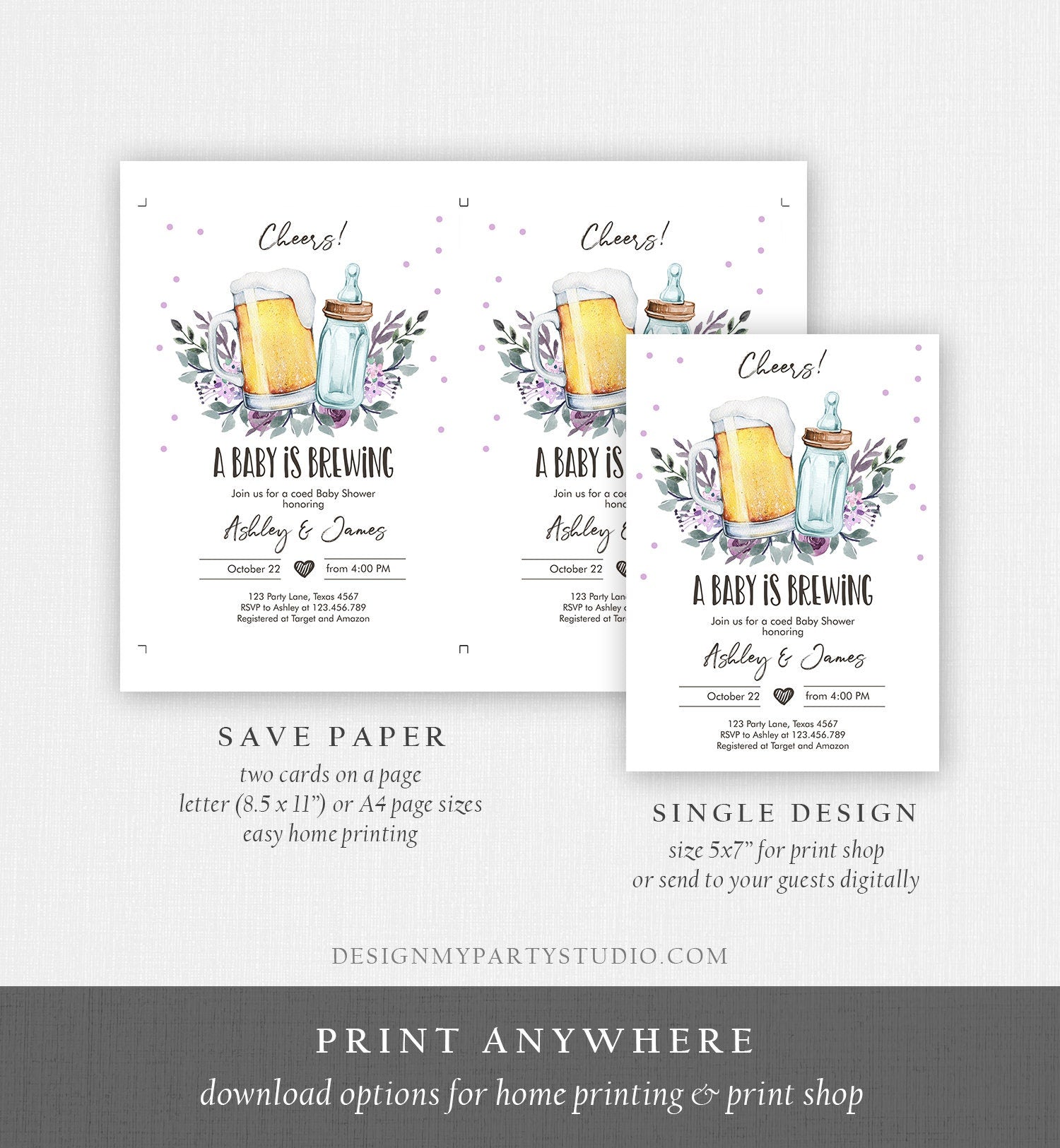 Editable A Baby is Brewing Invitation Bottle and Beers Baby Shower Cheers Coed Couples Shower Purple Download Printable Template Corjl 0190