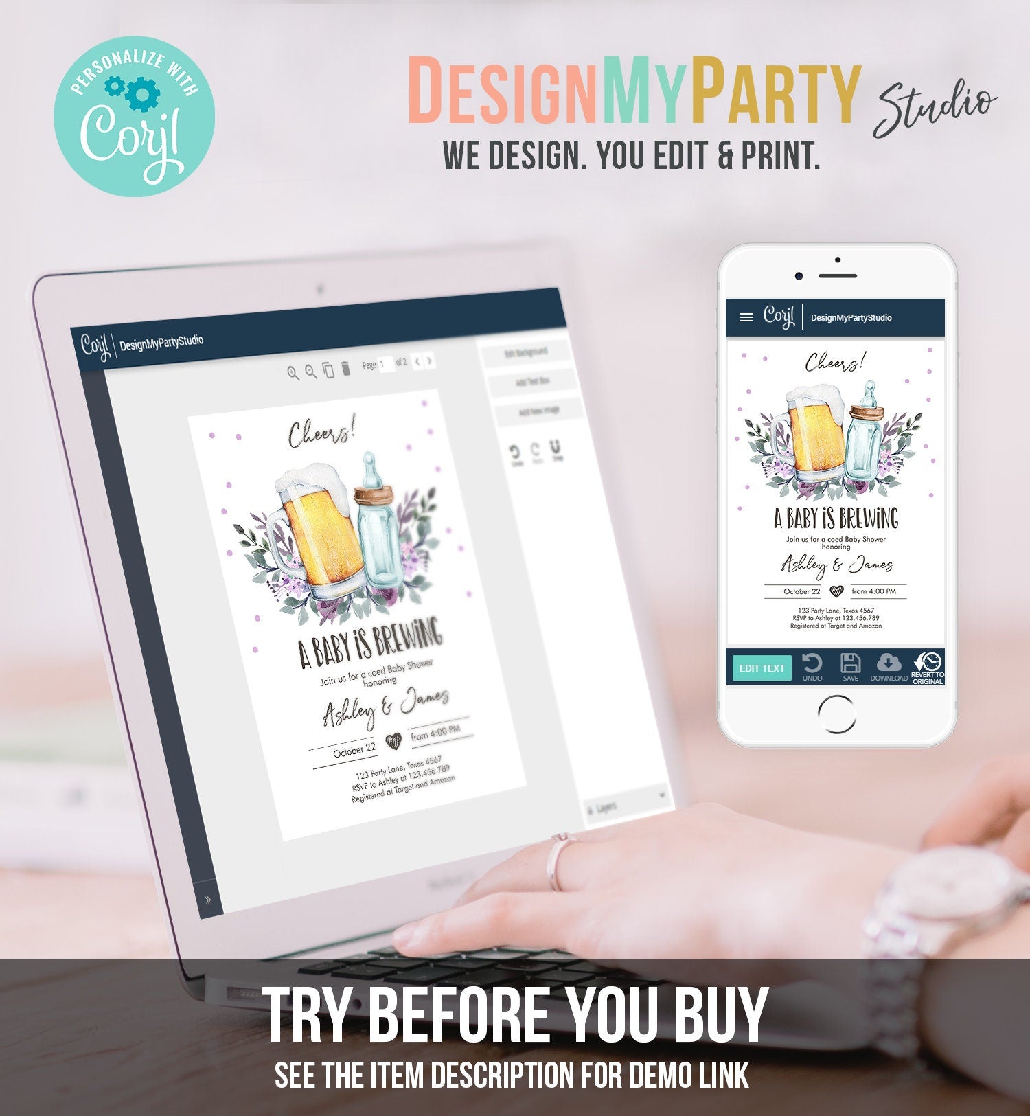 Editable A Baby is Brewing Invitation Bottle and Beers Baby Shower Cheers Coed Couples Shower Purple Download Printable Template Corjl 0190