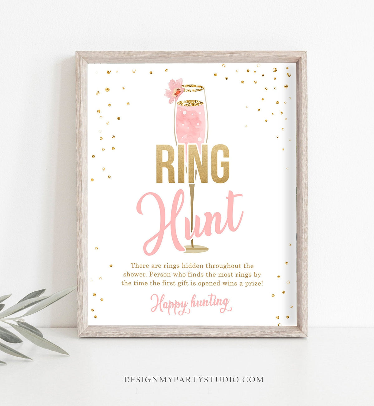 Ring Hunt Sign Bridal Shower Party Brunch Bubbly Happy Hunting Ring Hunting Bachelorette Wedding Rings Champagne Gold Pink Printable 0150